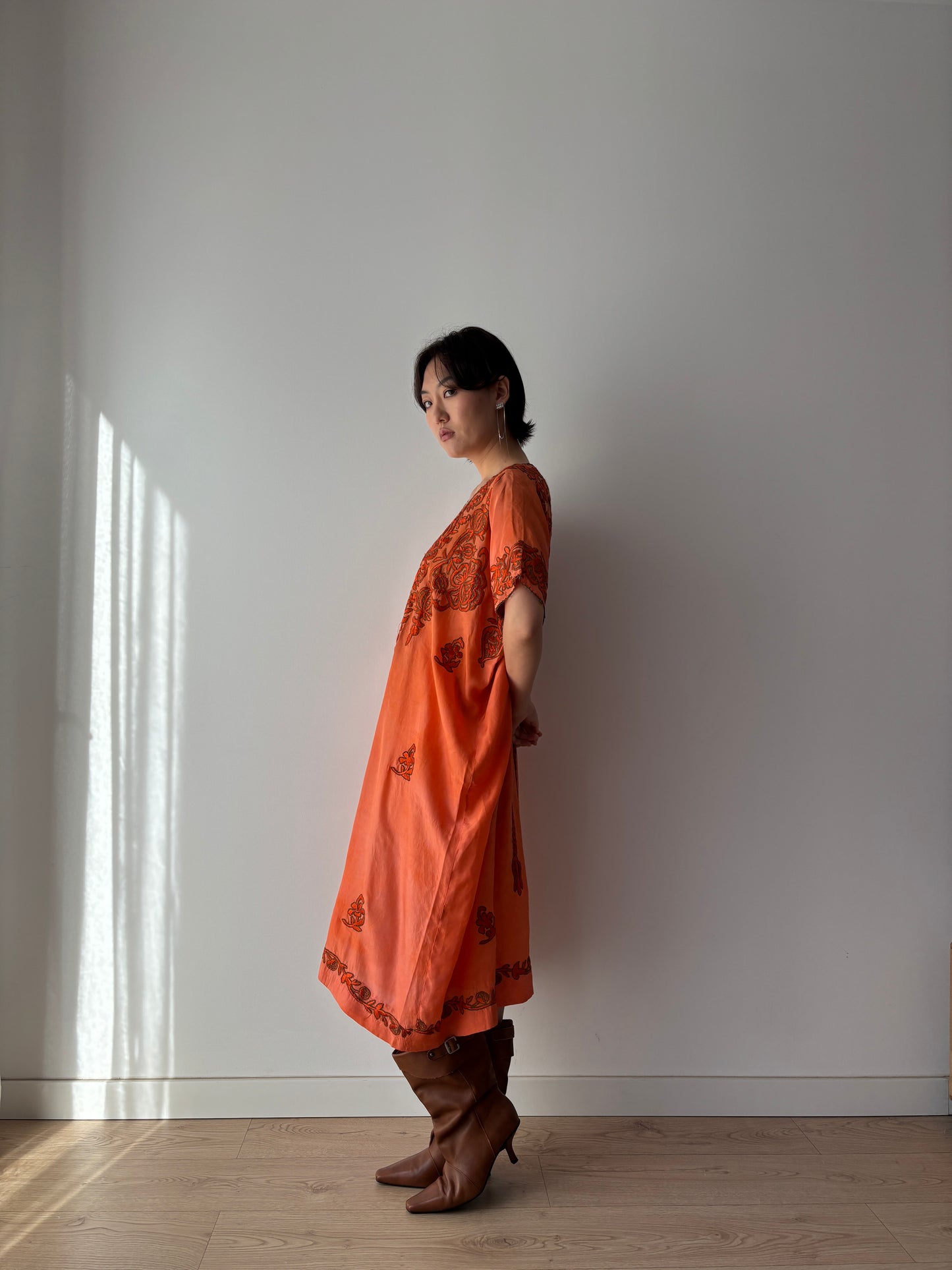 1900s 1910s Ottoman Embroidered Robe in Orange: Metallic Floral Hand Embroidery