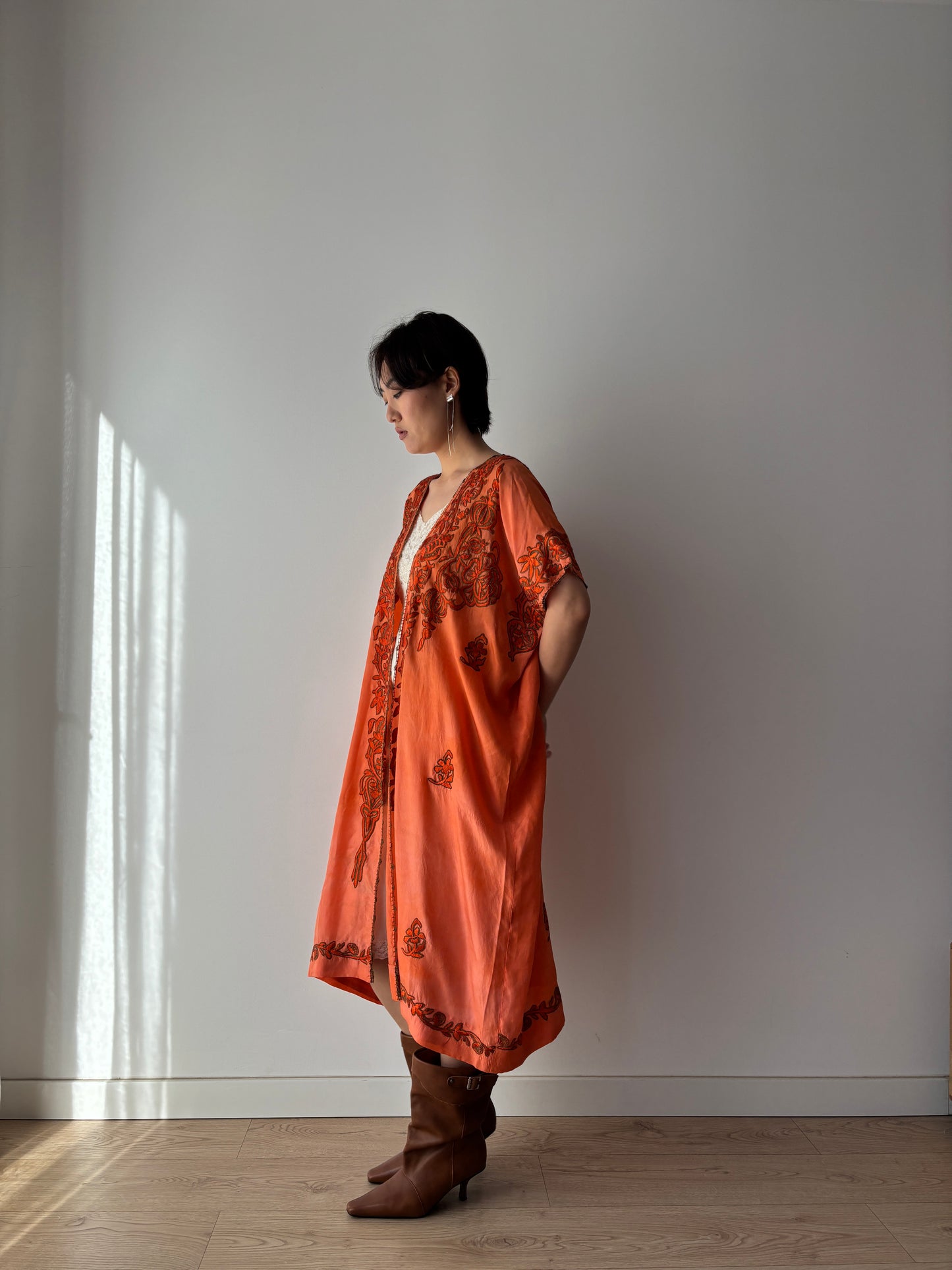 1900s 1910s Ottoman Embroidered Robe in Orange: Metallic Floral Hand Embroidery