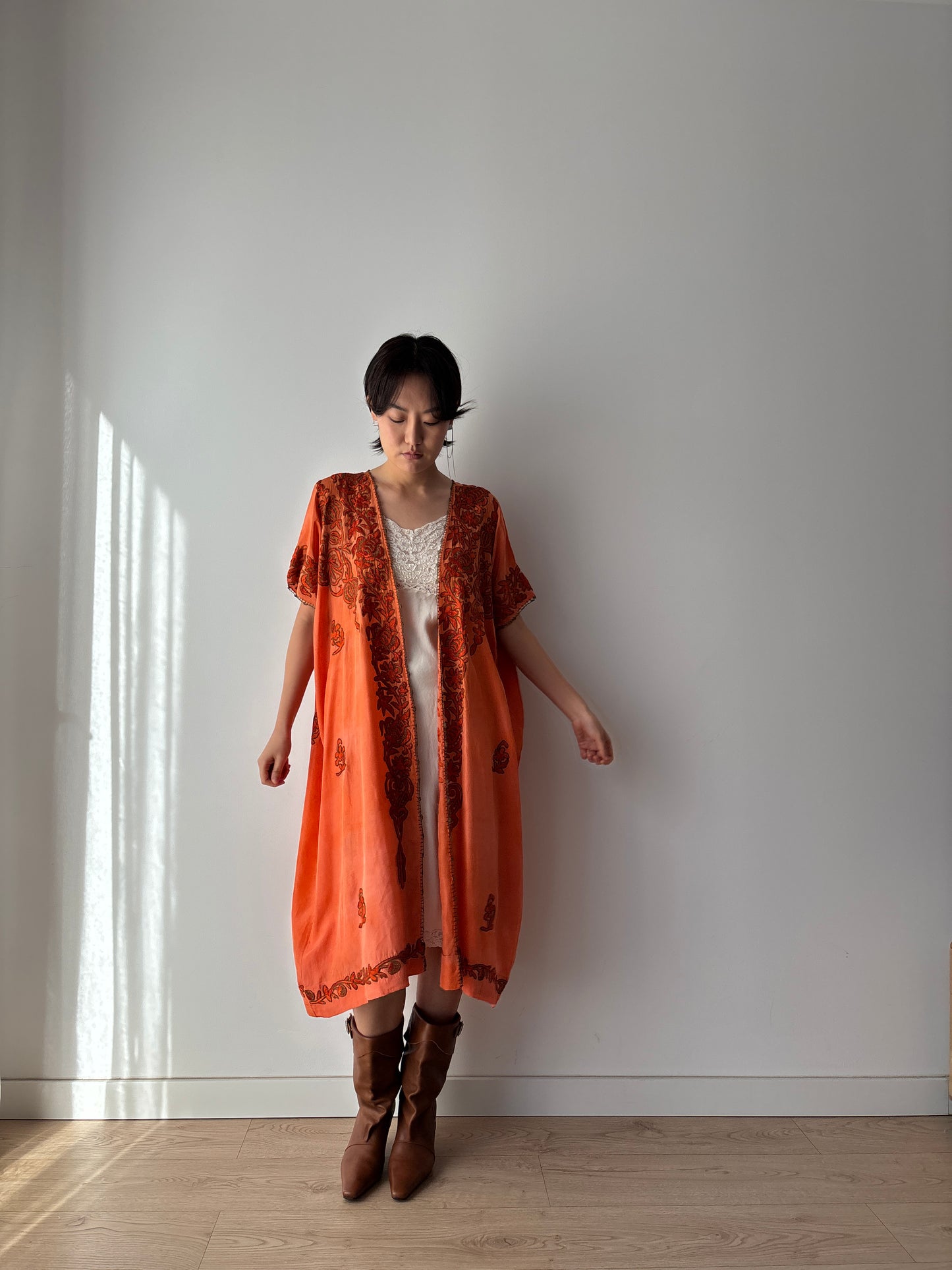 1900s 1910s Ottoman Embroidered Robe in Orange: Metallic Floral Hand Embroidery