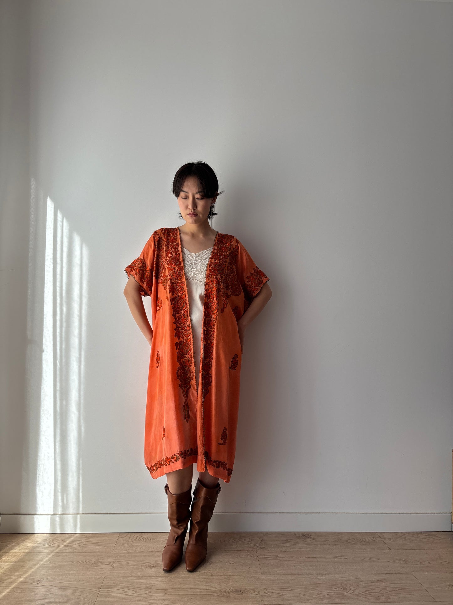 1900s 1910s Ottoman Embroidered Robe in Orange: Metallic Floral Hand Embroidery