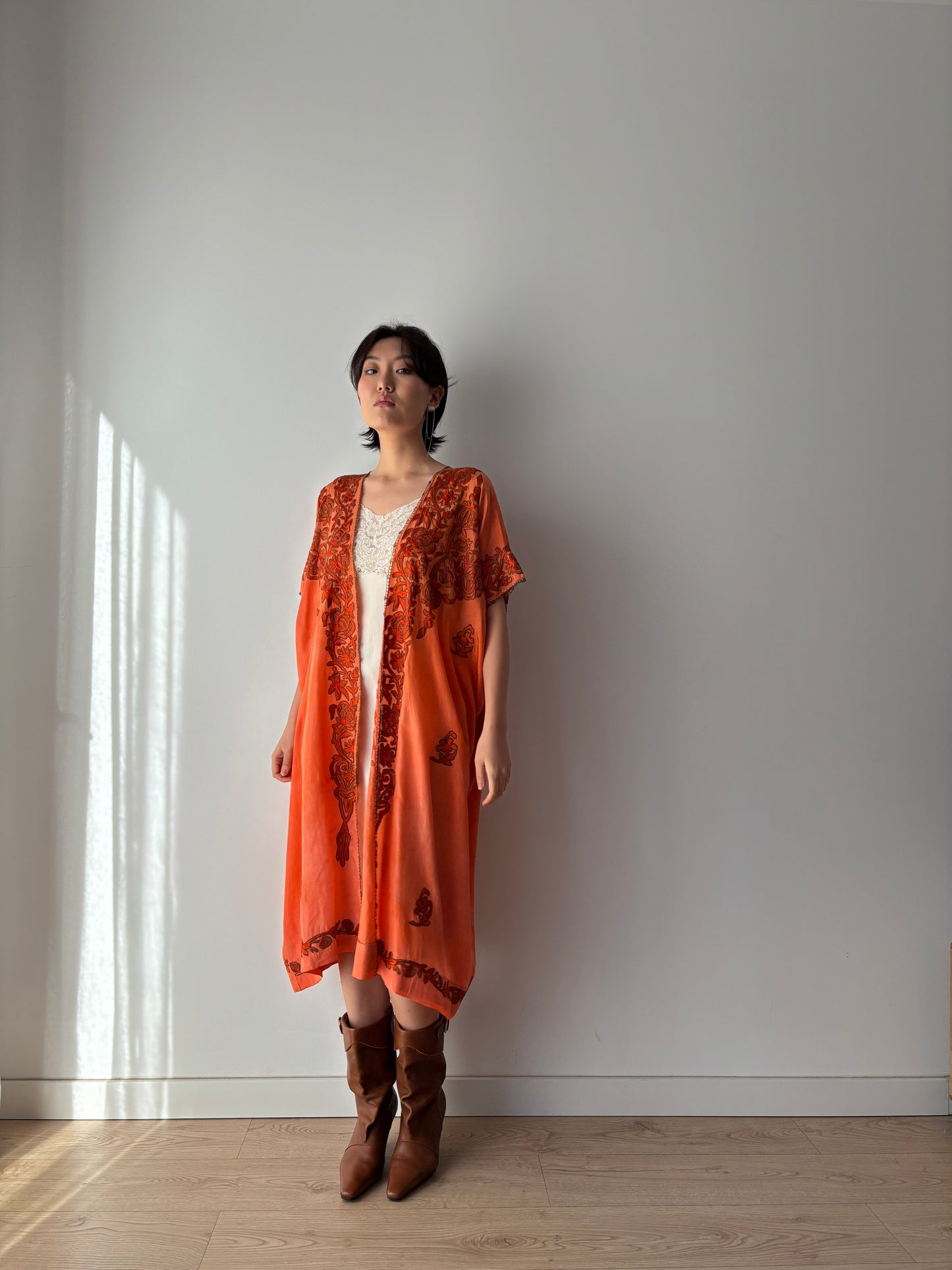 1900s 1910s Ottoman Embroidered Robe in Orange: Metallic Floral Hand Embroidery