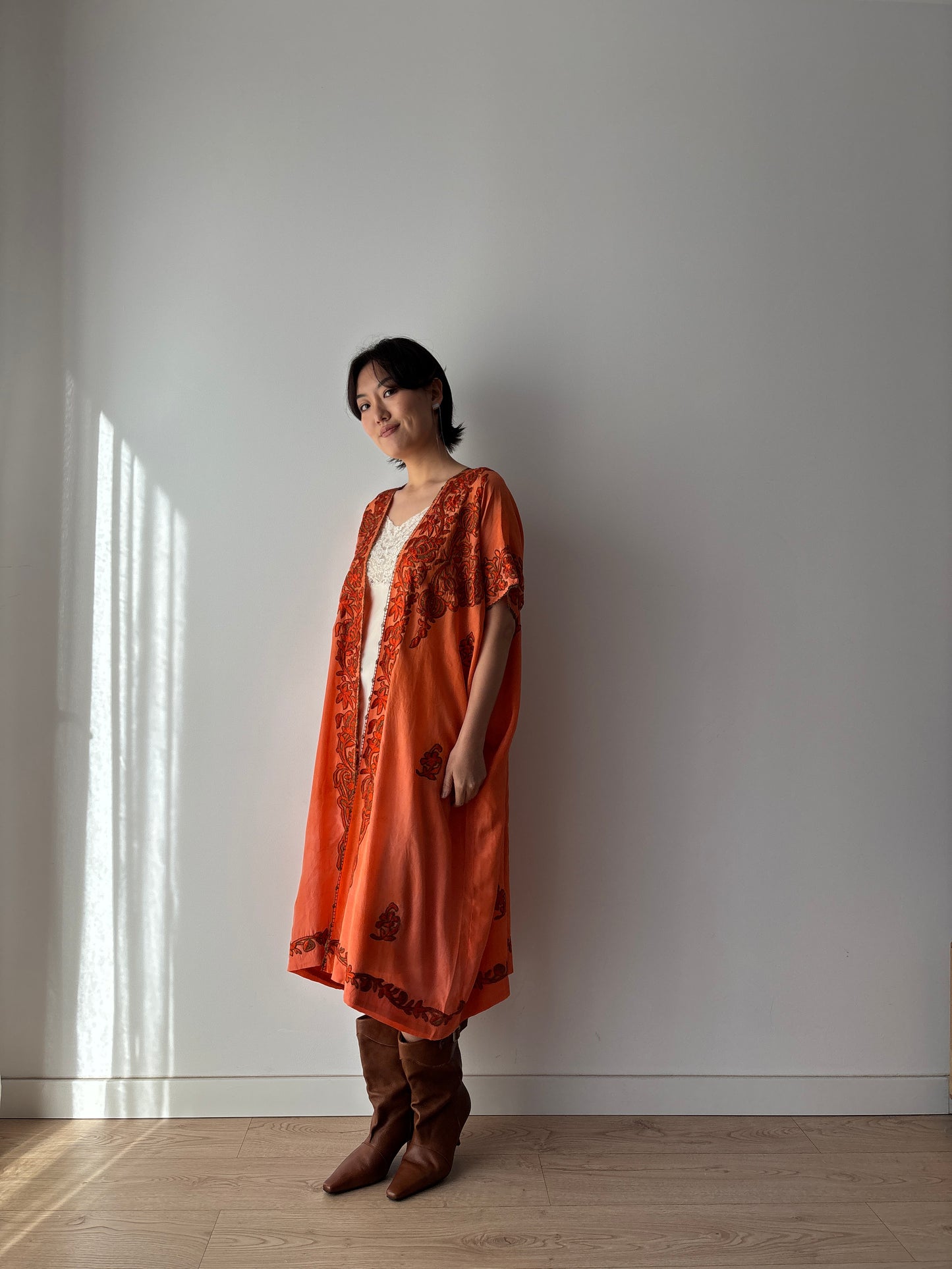 1900s 1910s Ottoman Embroidered Robe in Orange: Metallic Floral Hand Embroidery