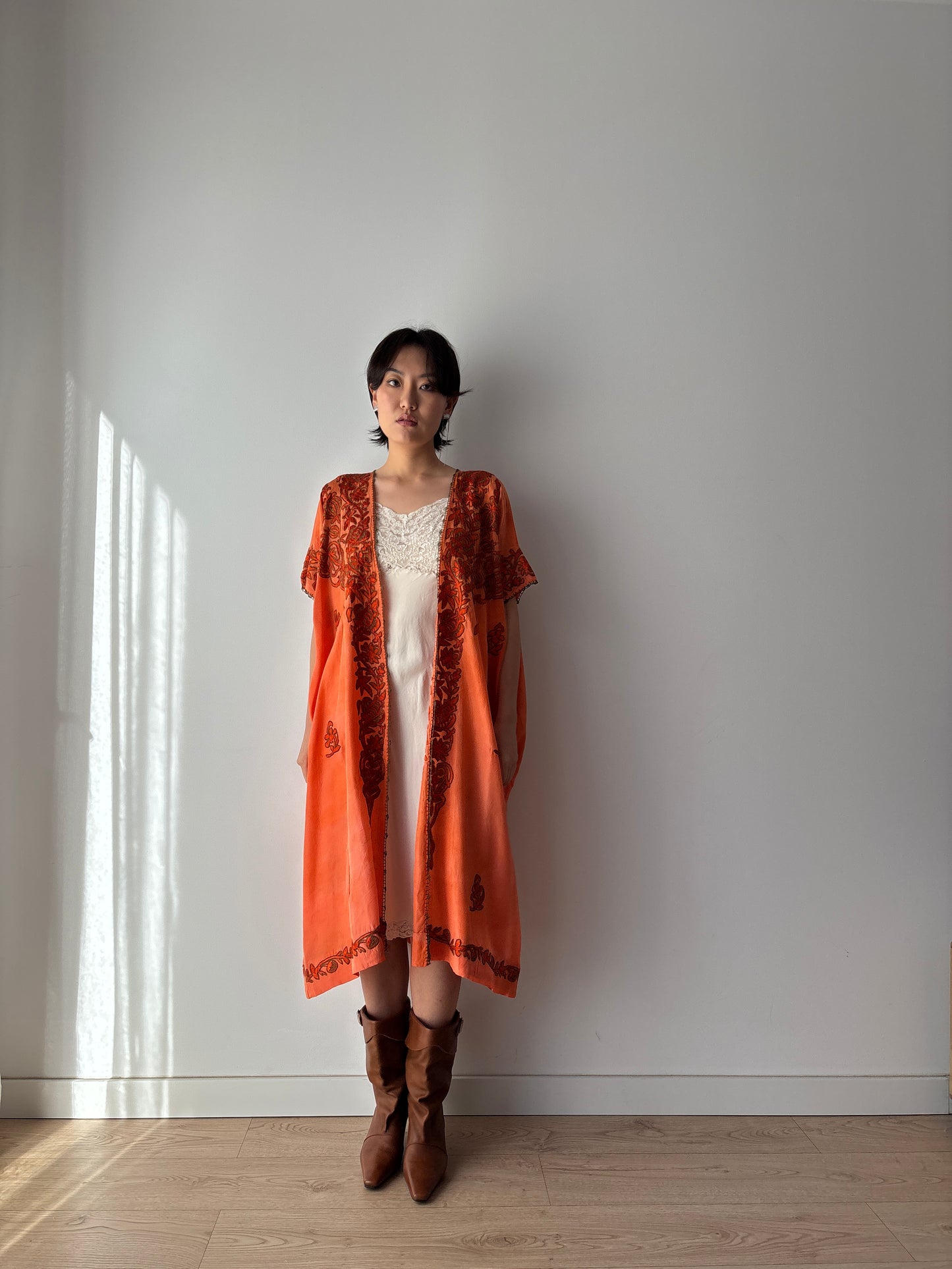 1900s 1910s Ottoman Embroidered Robe in Orange: Metallic Floral Hand Embroidery