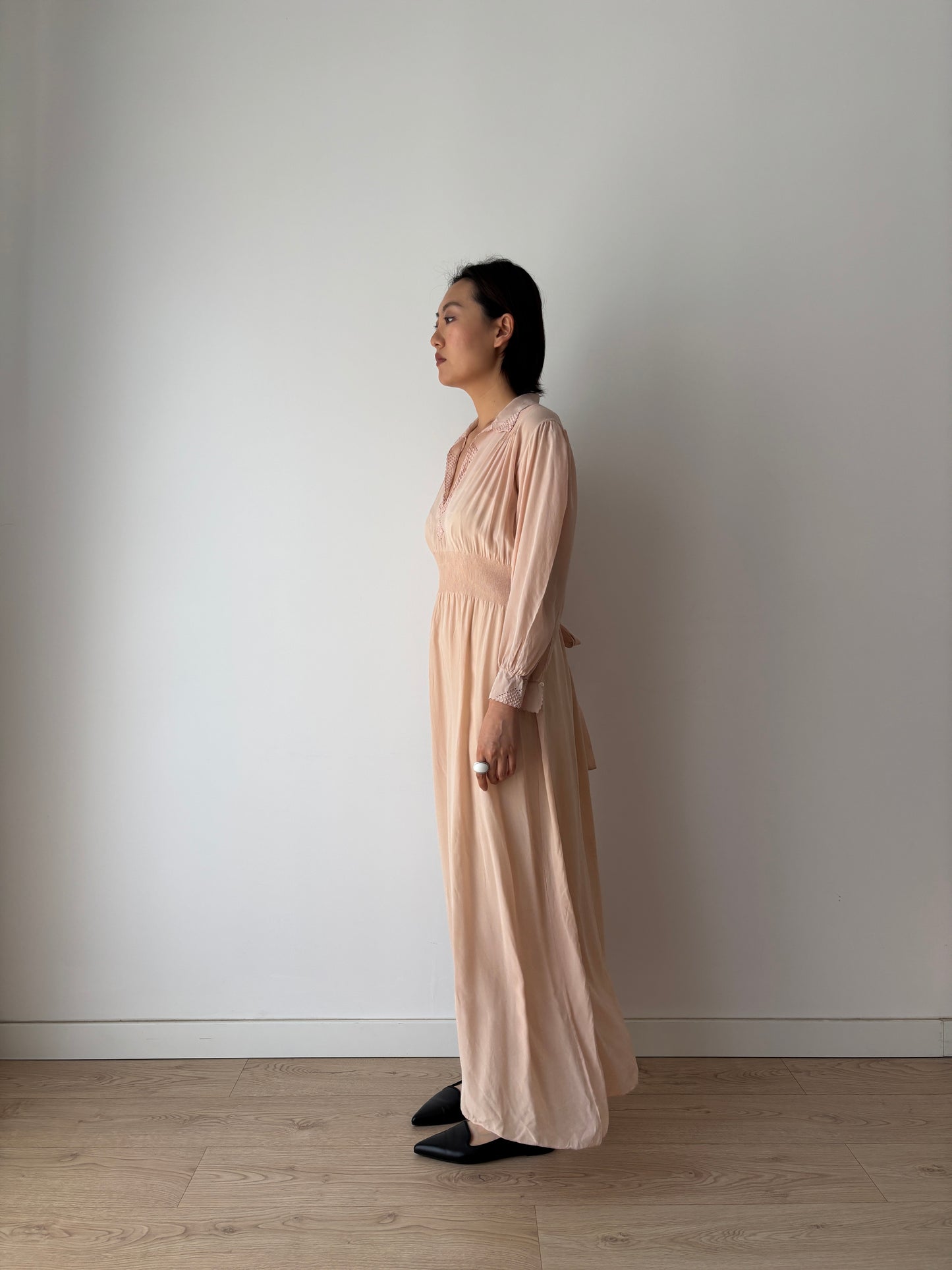 Vintage 1940s Silk Lace Pale Pink Nightgown, Art Deco Maxi Slip Dress