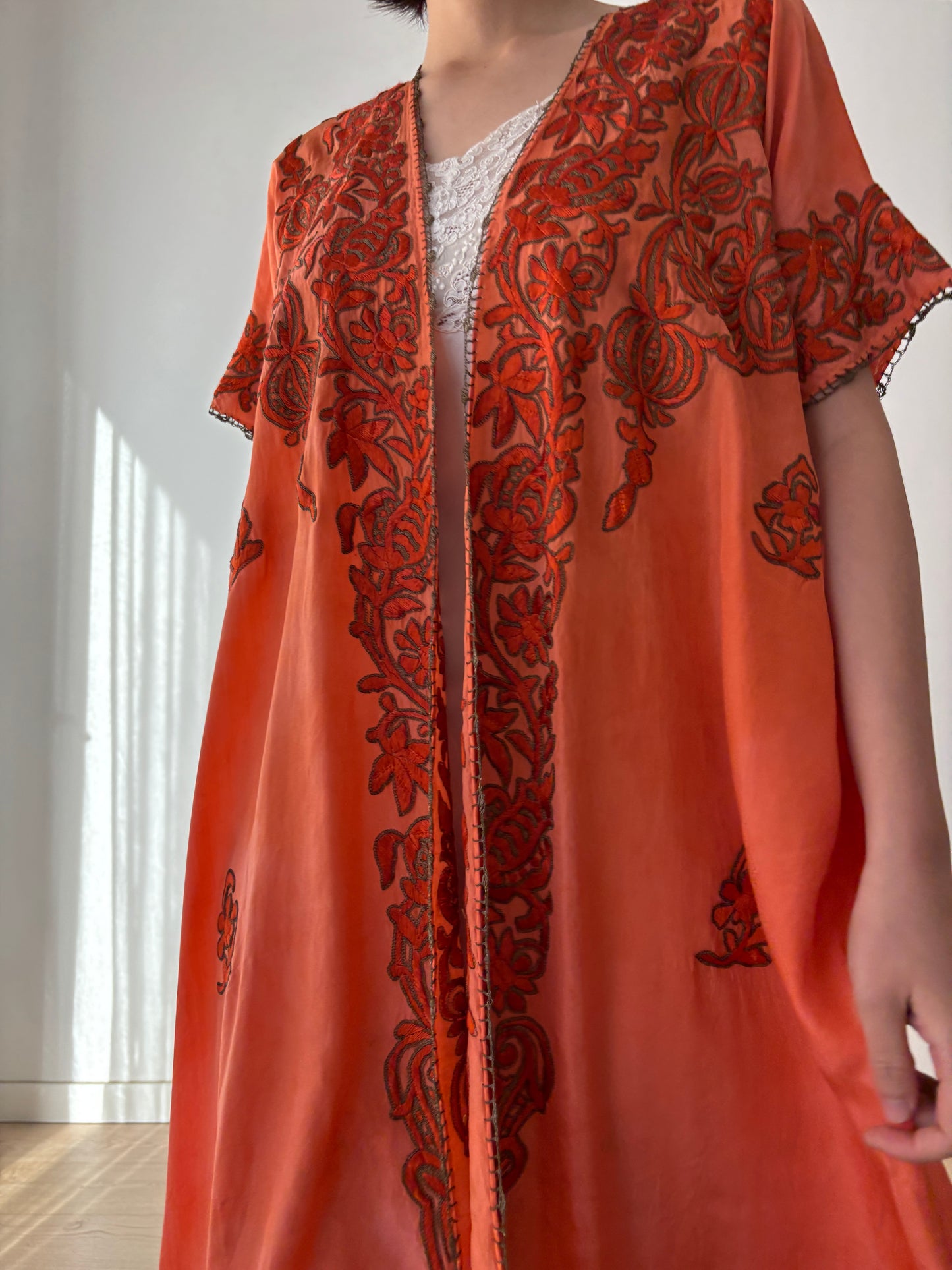 1900s 1910s Ottoman Embroidered Robe in Orange: Metallic Floral Hand Embroidery