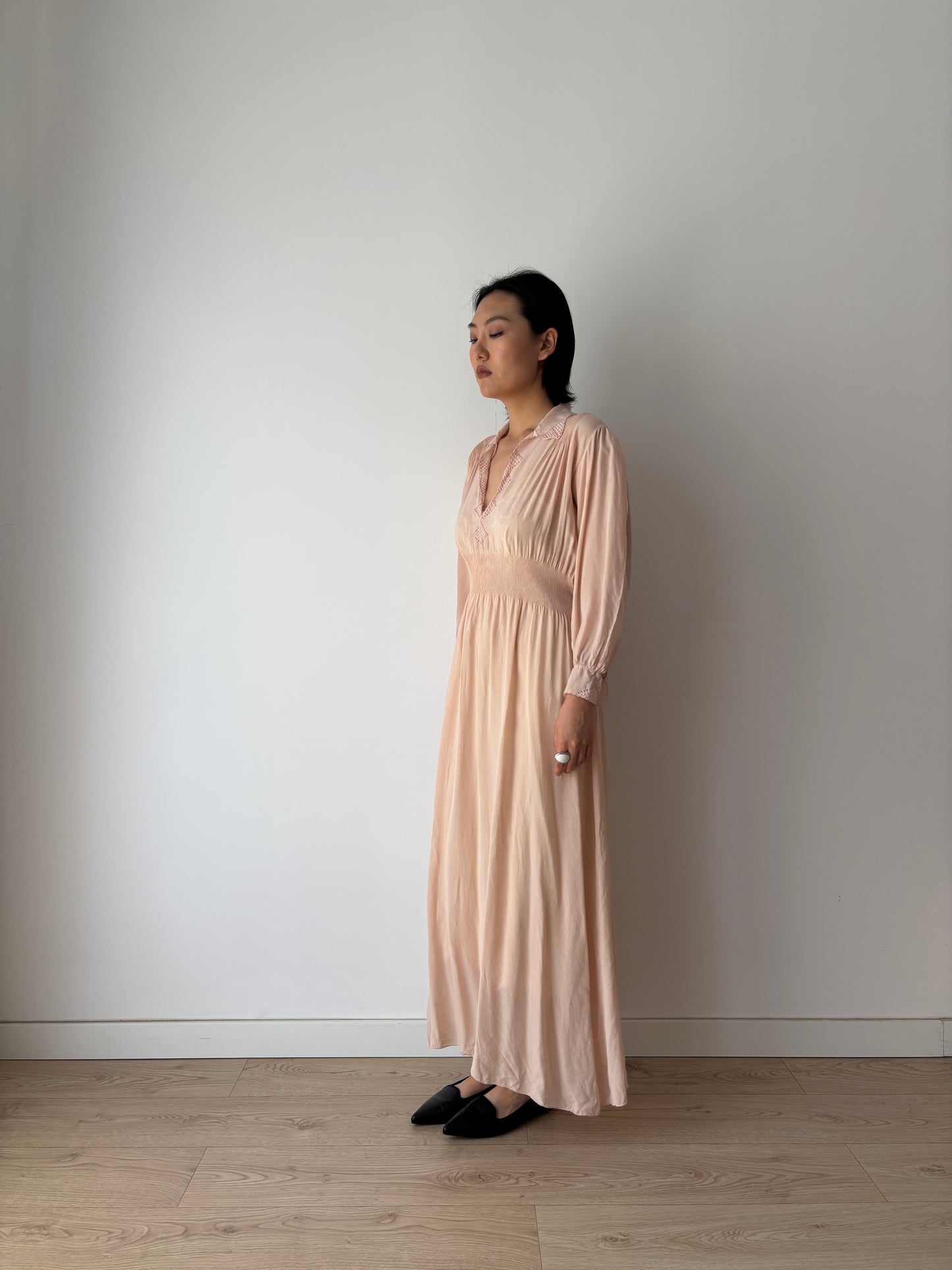Vintage 1940s Silk Lace Pale Pink Nightgown, Art Deco Maxi Slip Dress