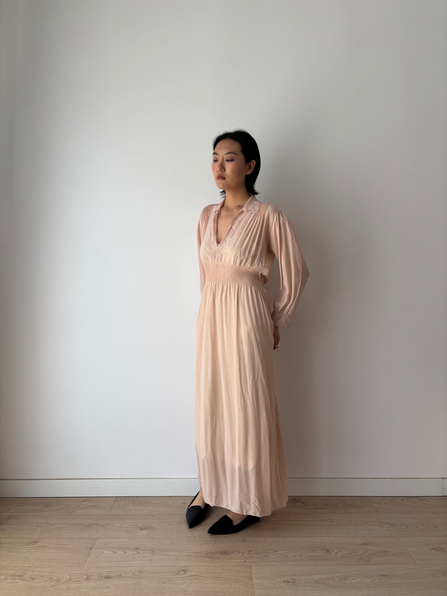 Vintage 1940s Silk Lace Pale Pink Nightgown, Art Deco Maxi Slip Dress
