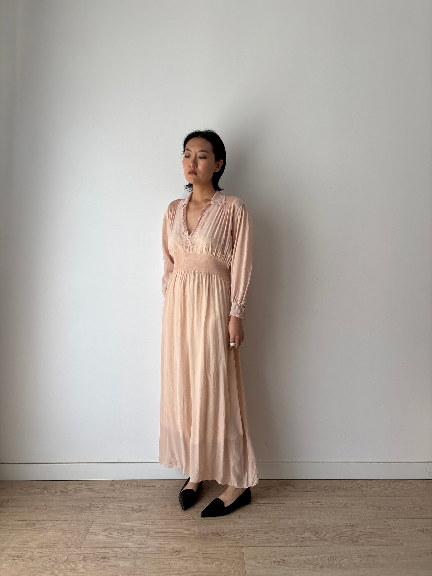 Vintage 1940s Silk Lace Pale Pink Nightgown, Art Deco Maxi Slip Dress