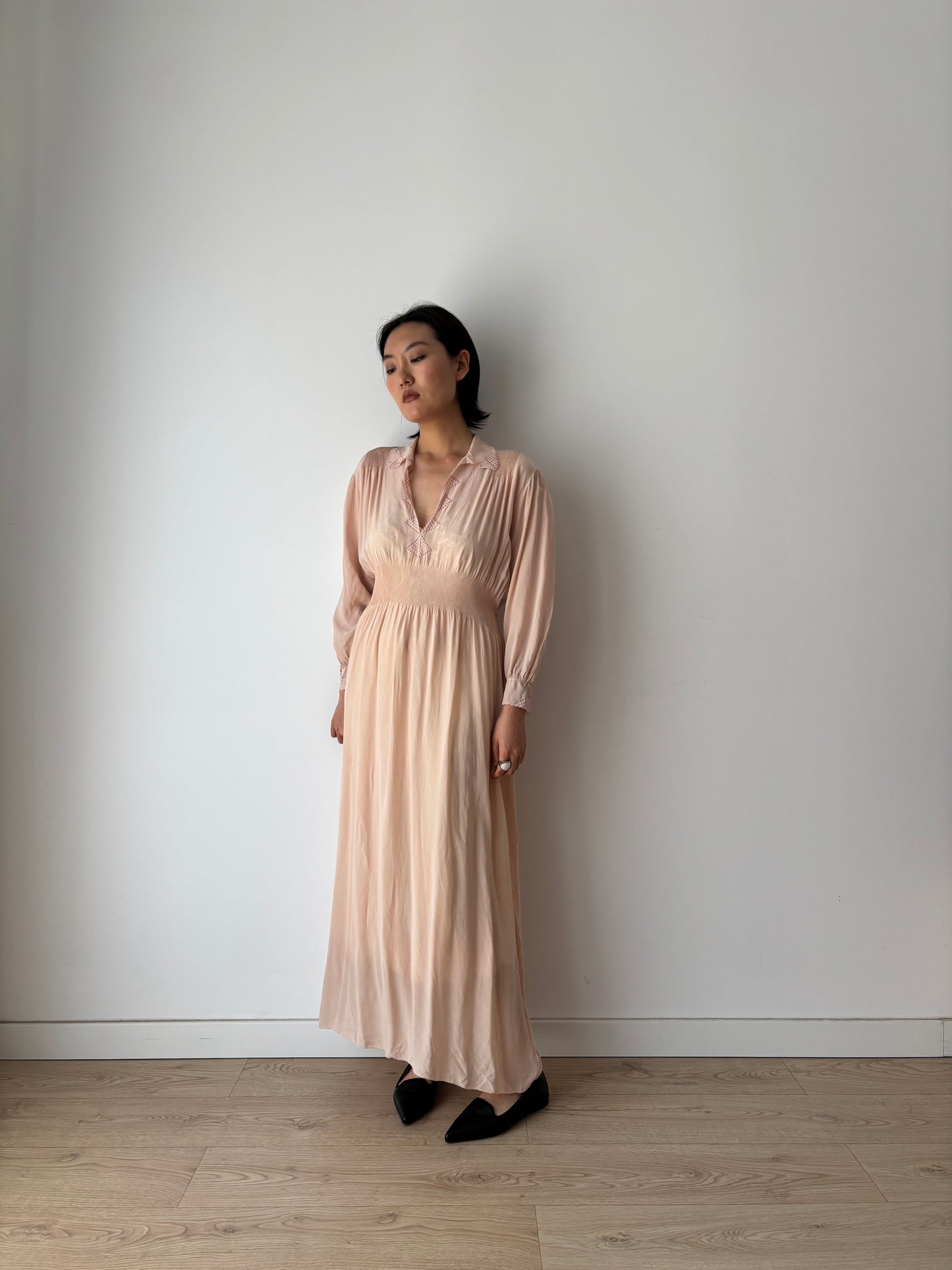 Vintage 1940s Silk Lace Pale Pink Nightgown, Art Deco Maxi Slip Dress