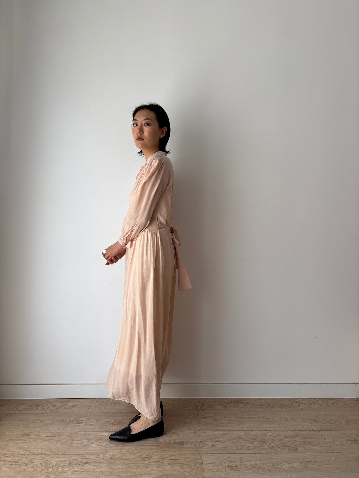 Vintage 1940s Silk Lace Pale Pink Nightgown, Art Deco Maxi Slip Dress