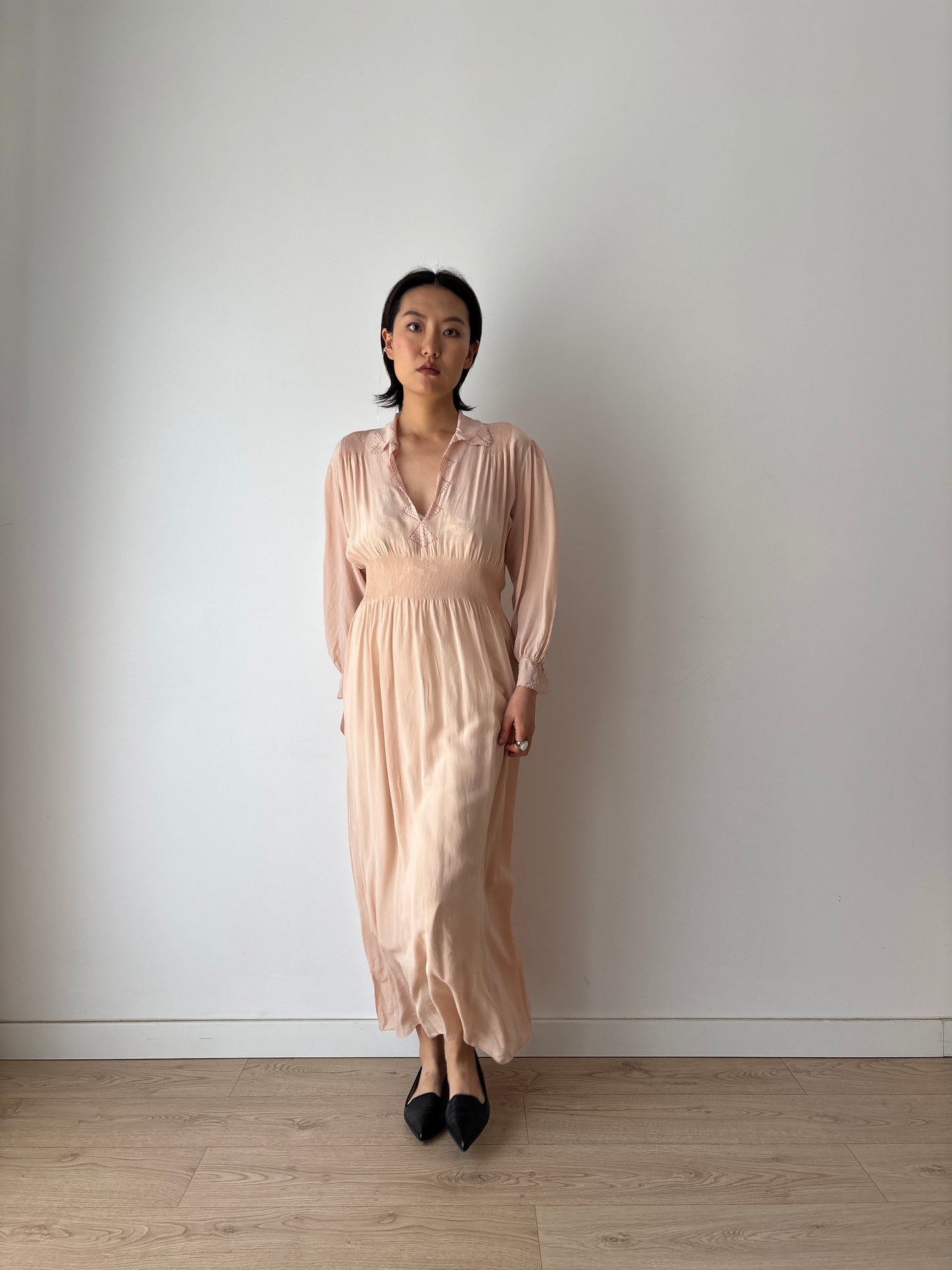 Vintage 1940s Silk Lace Pale Pink Nightgown, Art Deco Maxi Slip Dress