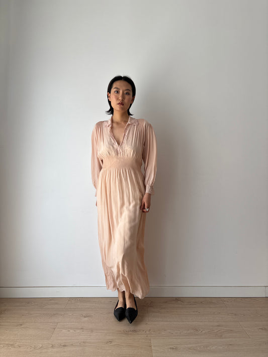 Vintage 1940s Silk Lace Pale Pink Nightgown, Art Deco Maxi Slip Dress