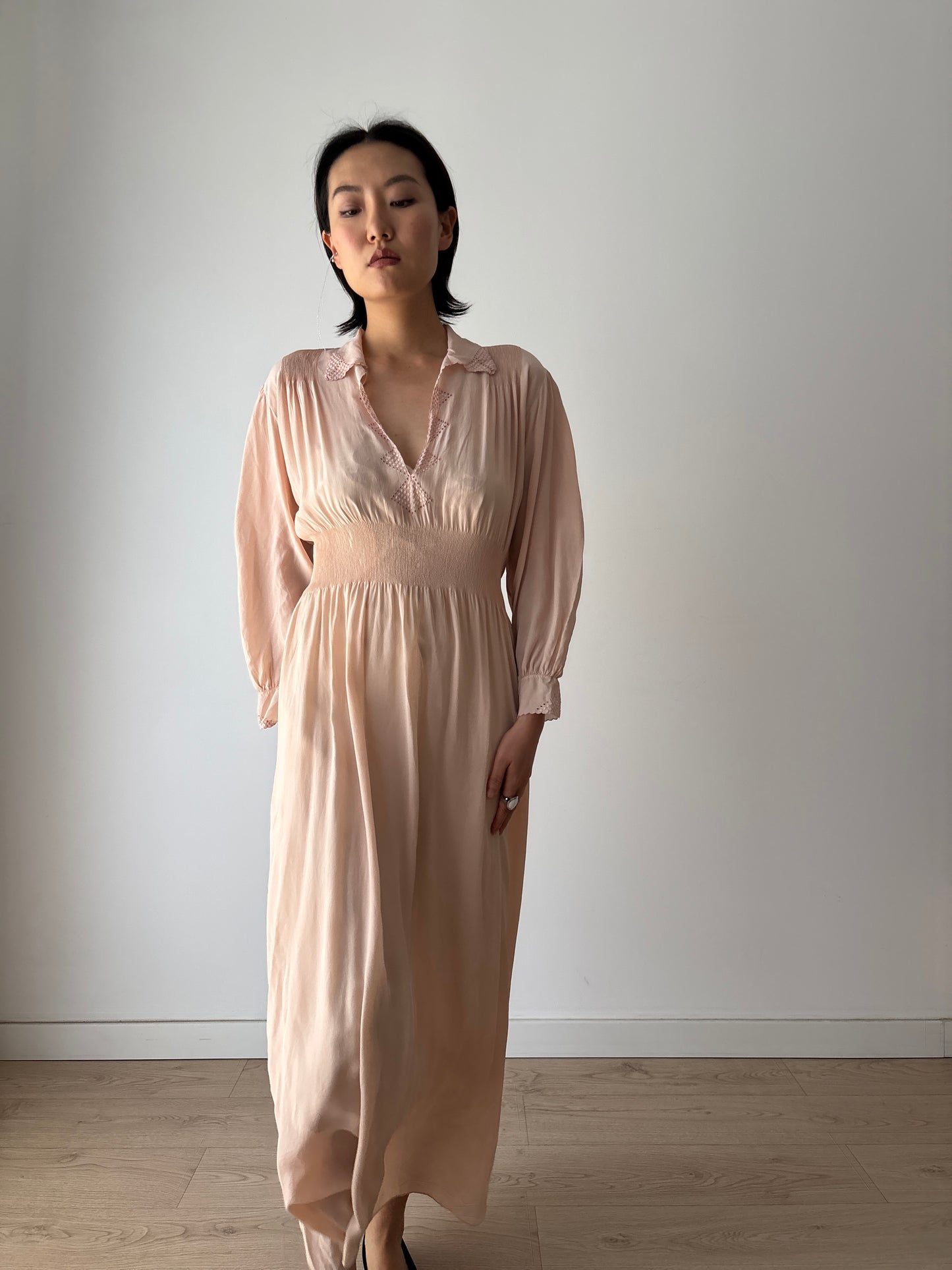 Vintage 1940s Silk Lace Pale Pink Nightgown, Art Deco Maxi Slip Dress