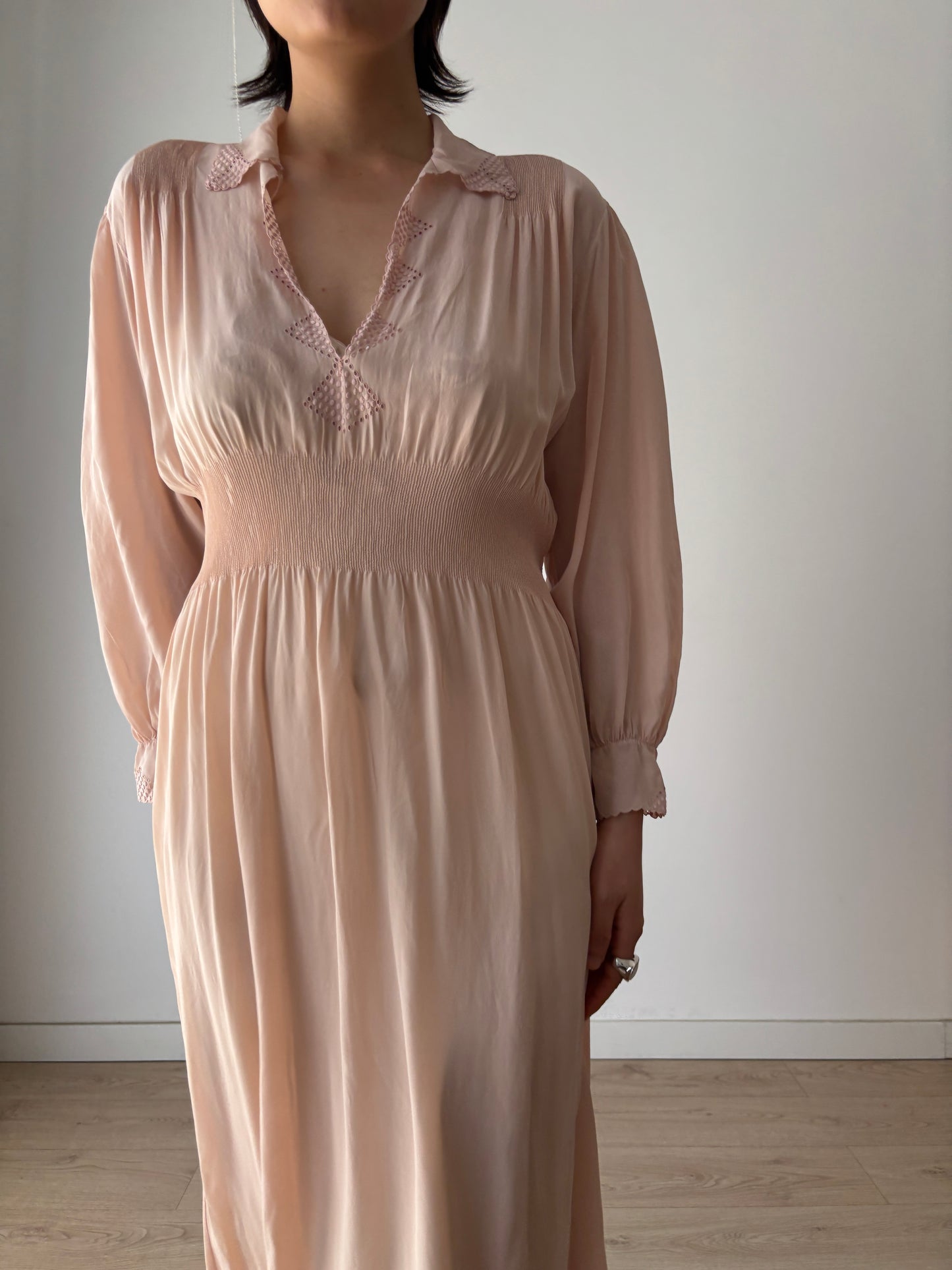Vintage 1940s Silk Lace Pale Pink Nightgown, Art Deco Maxi Slip Dress