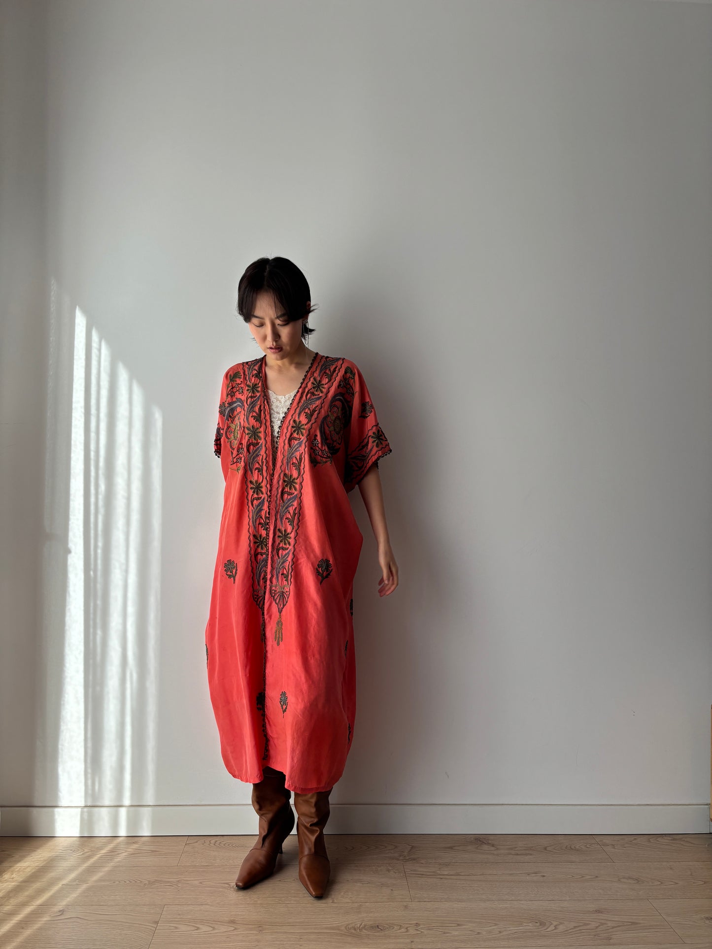 1900s 1910s Ottoman Embroidered Robe in Dark Red: Metallic Floral Hand Embroidery