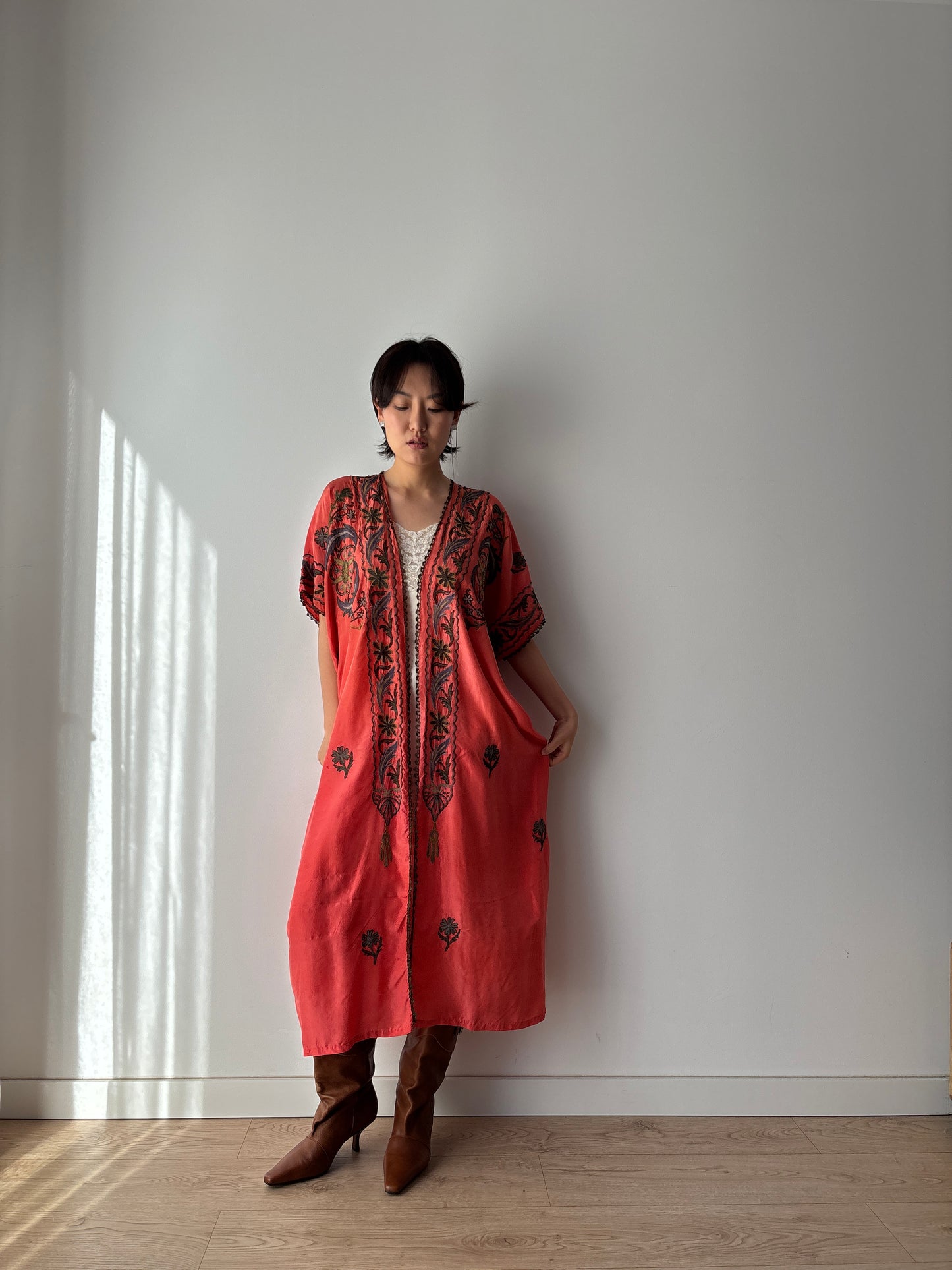 1900s 1910s Ottoman Embroidered Robe in Dark Red: Metallic Floral Hand Embroidery