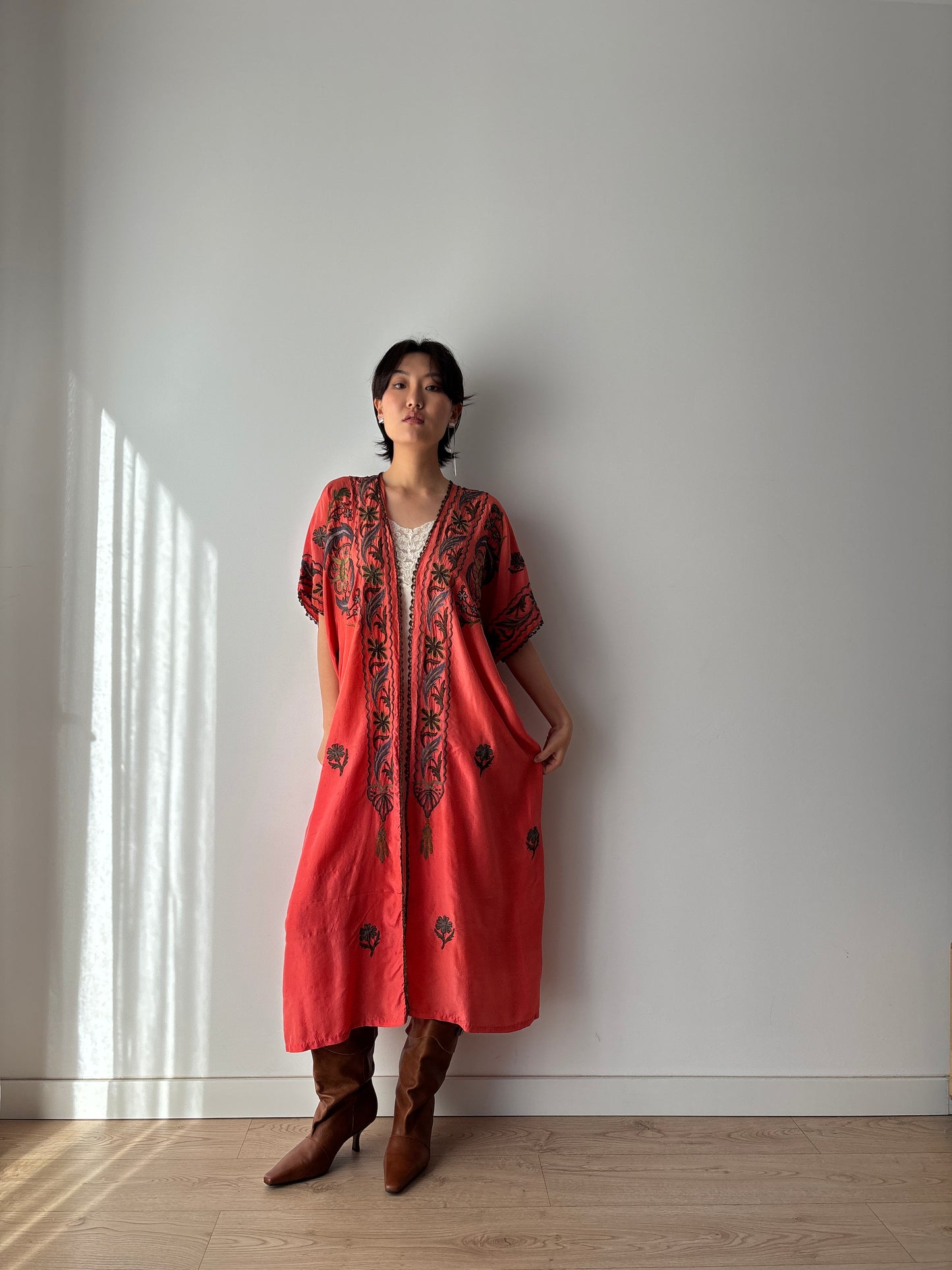 1900s 1910s Ottoman Embroidered Robe in Dark Red: Metallic Floral Hand Embroidery