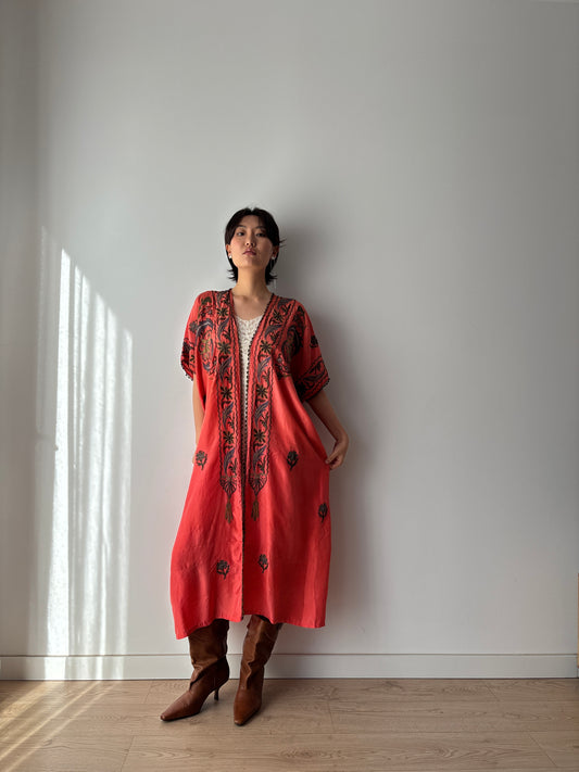 1900s 1910s Ottoman Embroidered Robe in Dark Red: Metallic Floral Hand Embroidery