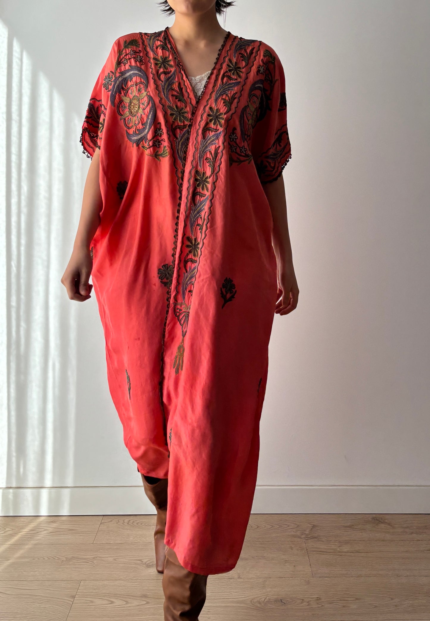 1900s 1910s Ottoman Embroidered Robe in Dark Red: Metallic Floral Hand Embroidery