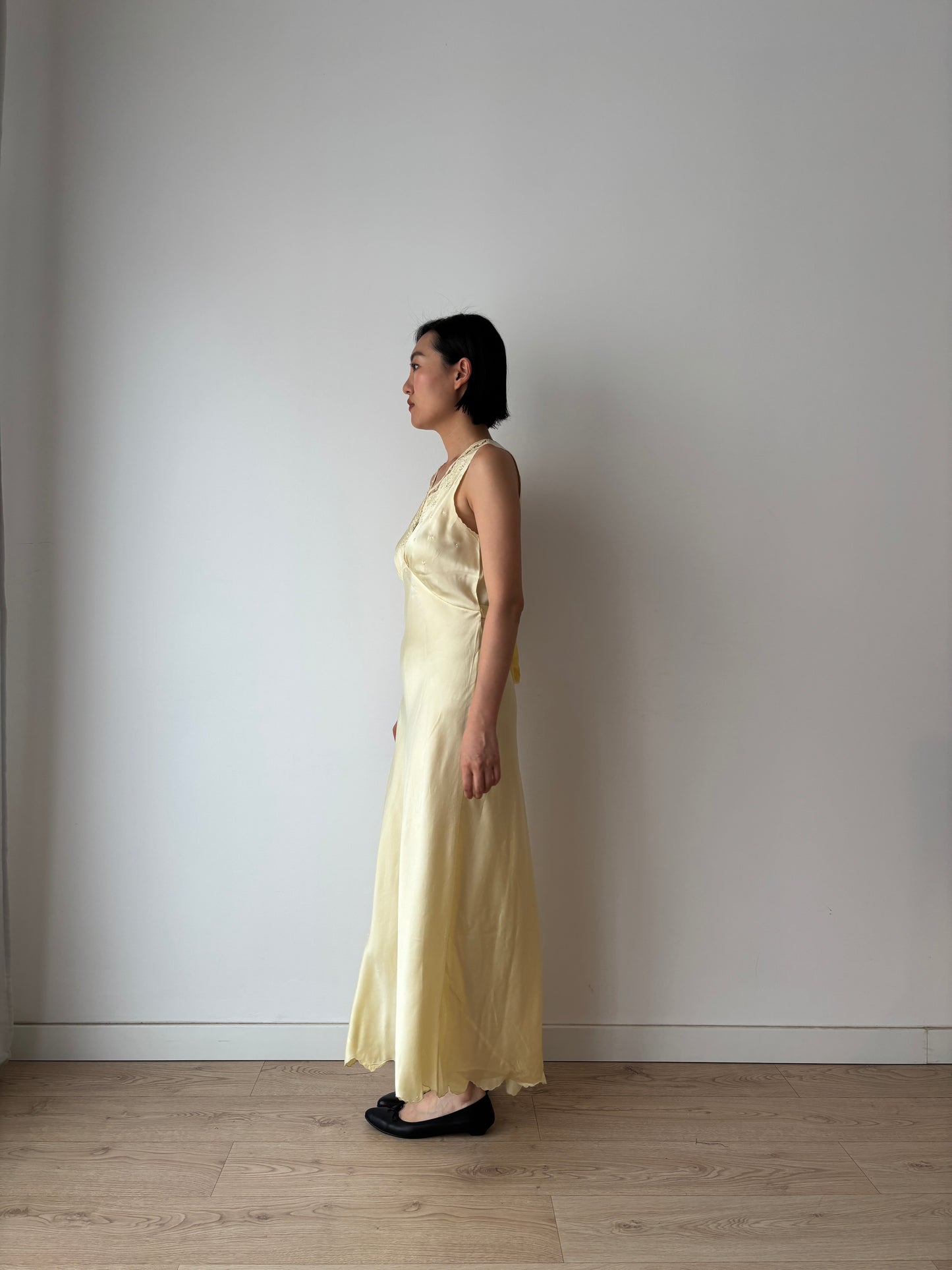 1940s Yellow Silk Embroidered Maxi Slip Dress, Romantic Bridal Lingerie