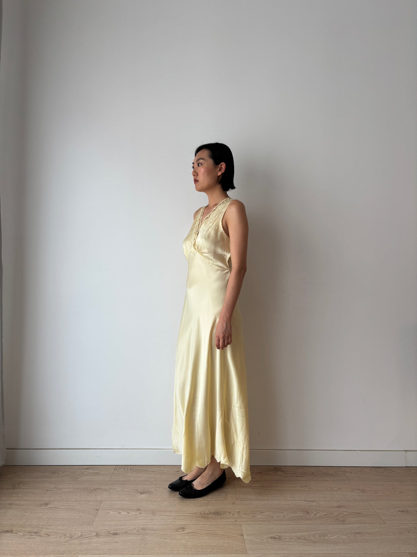 1940s Yellow Silk Embroidered Maxi Slip Dress, Romantic Bridal Lingerie
