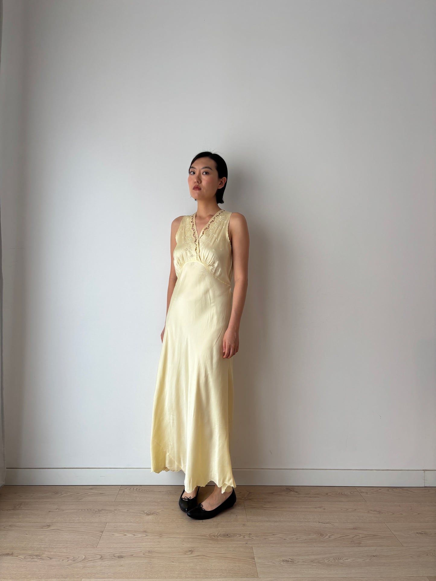 1940s Yellow Silk Embroidered Maxi Slip Dress, Romantic Bridal Lingerie