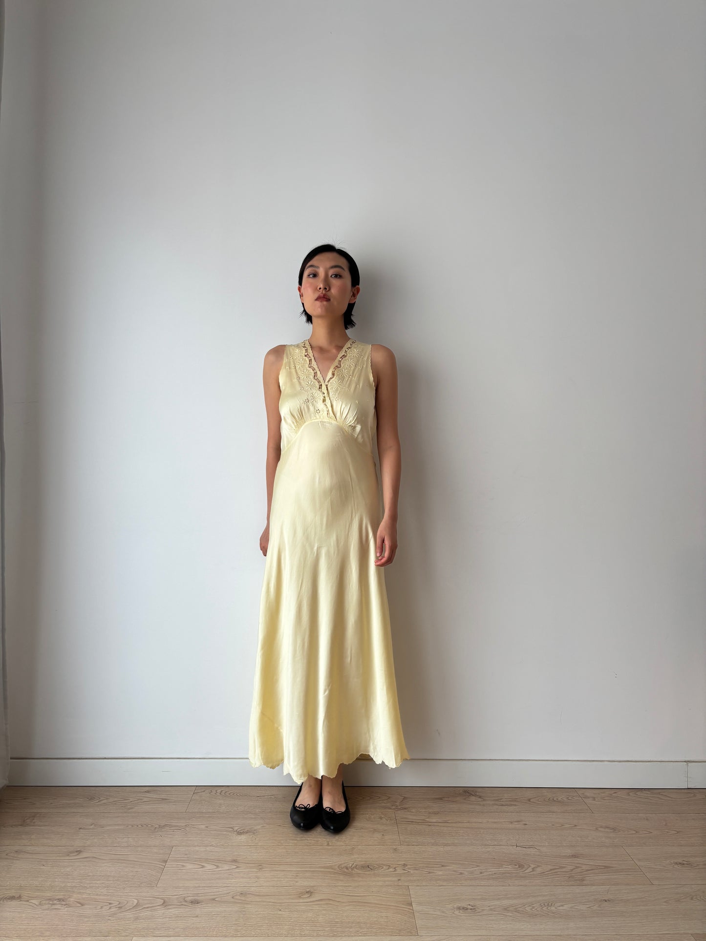 1940s Yellow Silk Embroidered Maxi Slip Dress, Romantic Bridal Lingerie