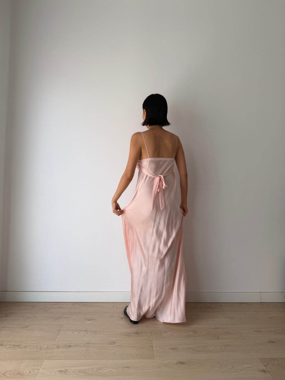 1940s Blush Pink Antique Lace Pure Silk Bias Cut Dress, Ruched Bust Tie Front, Romantic Rare Antique Gown