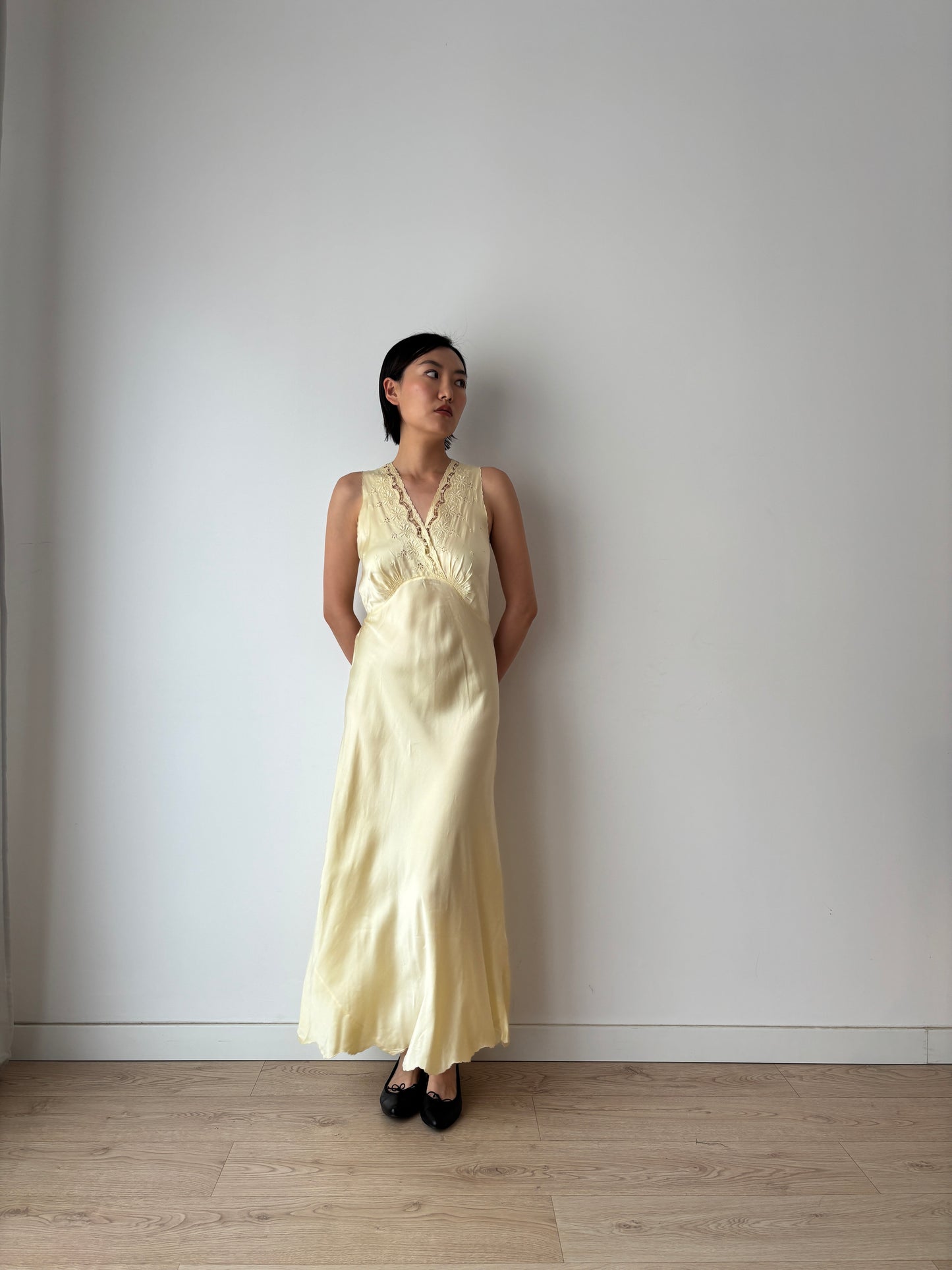 1940s Yellow Silk Embroidered Maxi Slip Dress, Romantic Bridal Lingerie