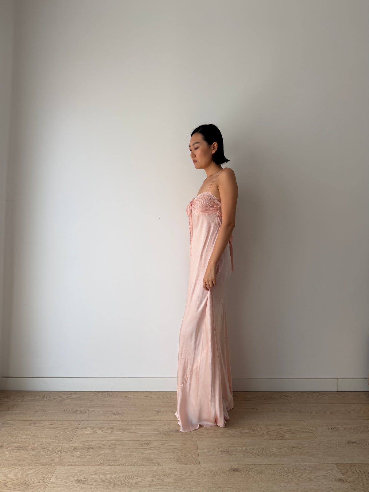 1940s Blush Pink Antique Lace Pure Silk Bias Cut Dress, Ruched Bust Tie Front, Romantic Rare Antique Gown