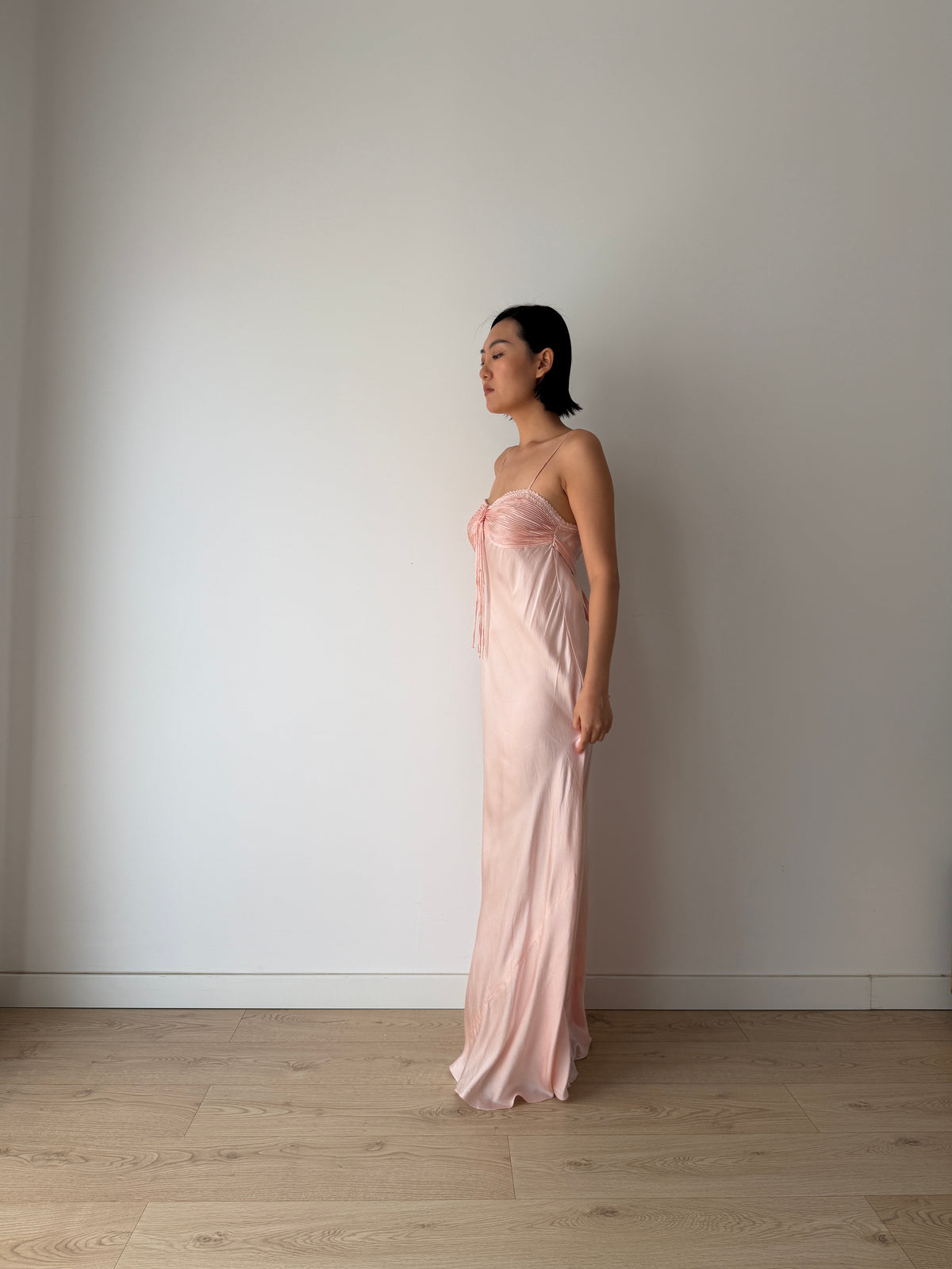 1940s Blush Pink Antique Lace Pure Silk Bias Cut Dress, Ruched Bust Tie Front, Romantic Rare Antique Gown