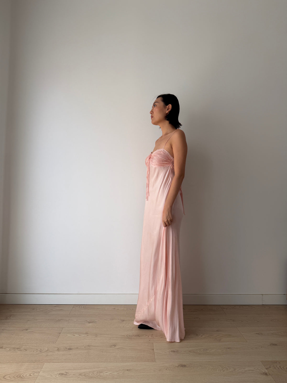1940s Blush Pink Antique Lace Pure Silk Bias Cut Dress, Ruched Bust Tie Front, Romantic Rare Antique Gown