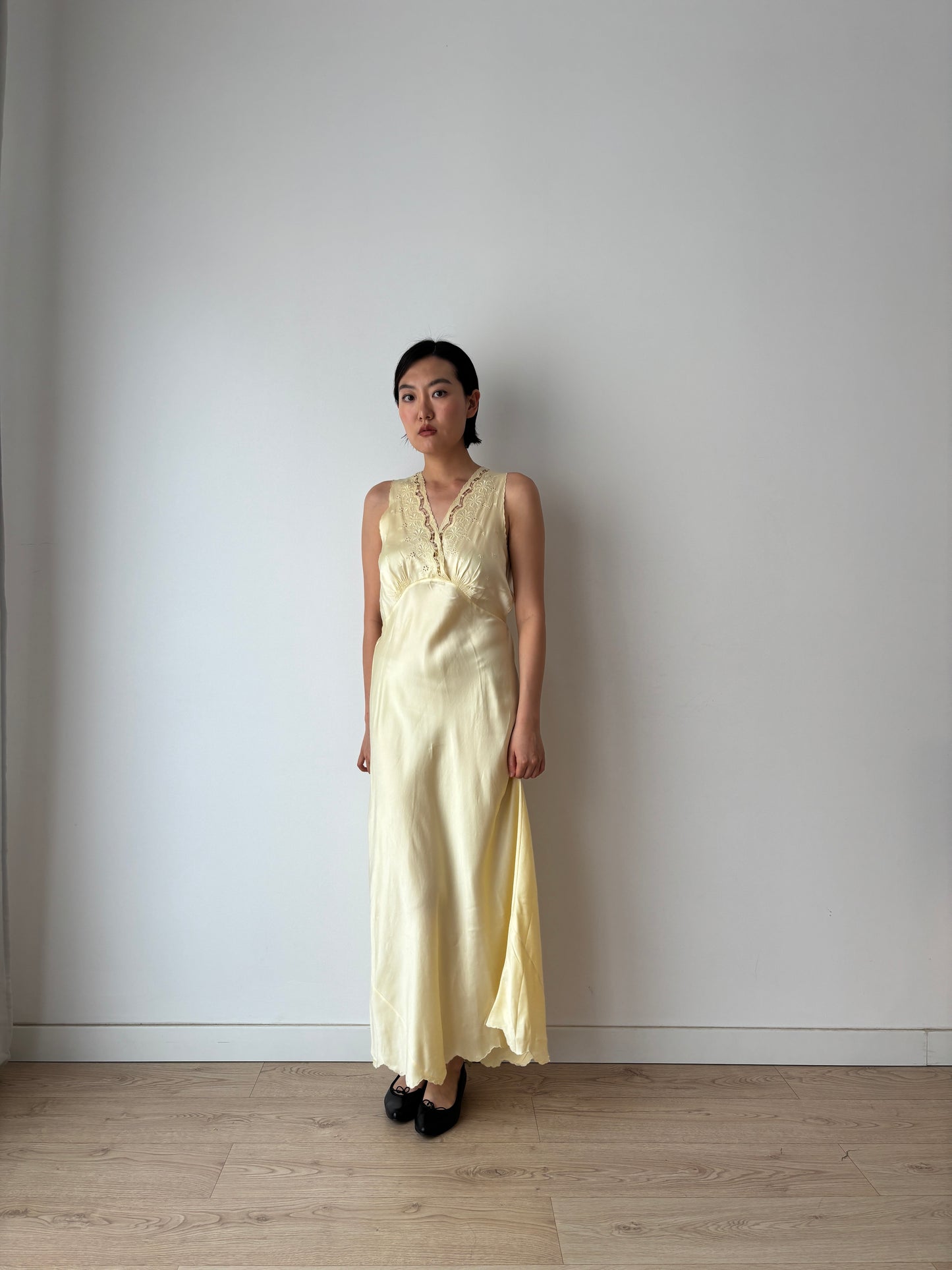 1940s Yellow Silk Embroidered Maxi Slip Dress, Romantic Bridal Lingerie