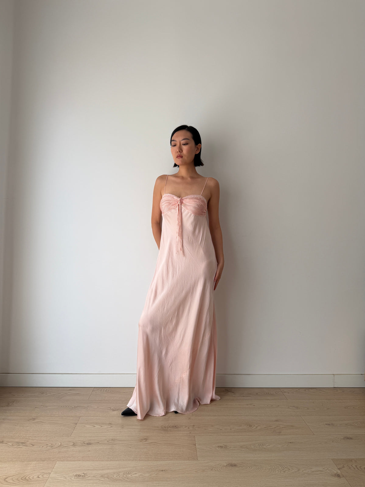 1940s Blush Pink Antique Lace Pure Silk Bias Cut Dress, Ruched Bust Tie Front, Romantic Rare Antique Gown