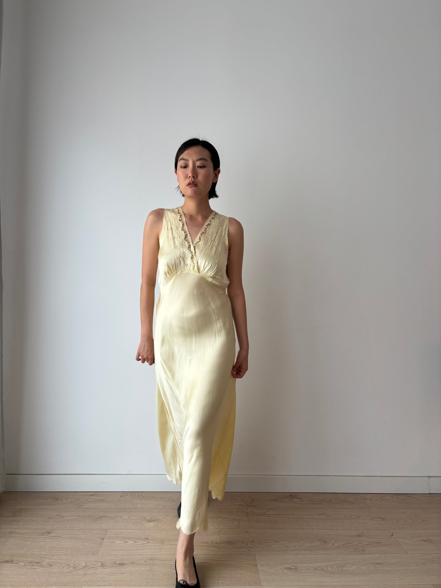 1940s Yellow Silk Embroidered Maxi Slip Dress, Romantic Bridal Lingerie