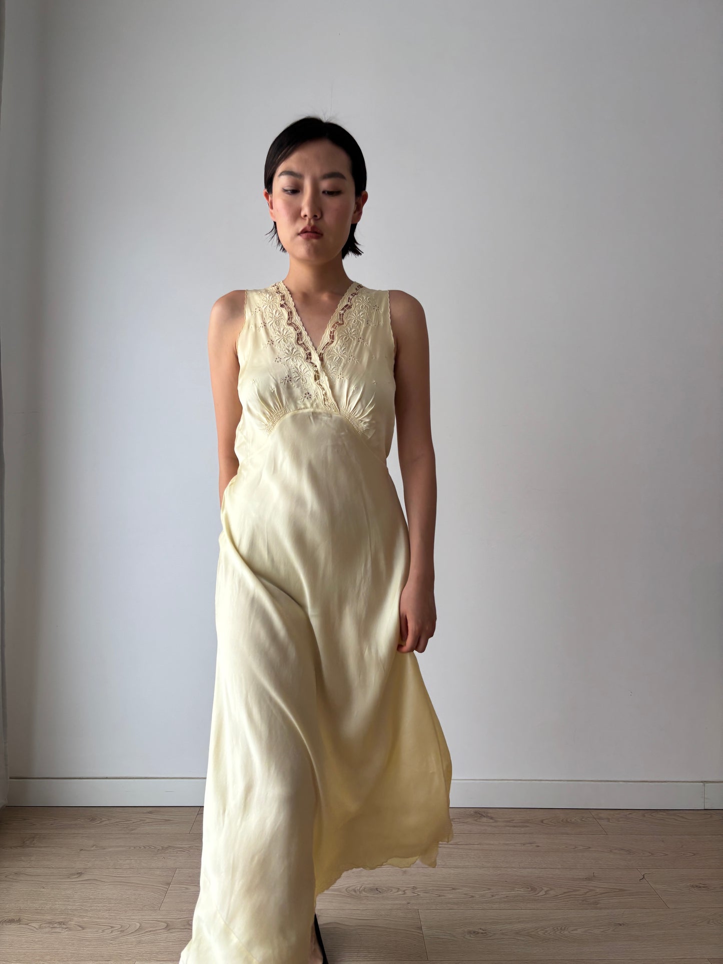 1940s Yellow Silk Embroidered Maxi Slip Dress, Romantic Bridal Lingerie