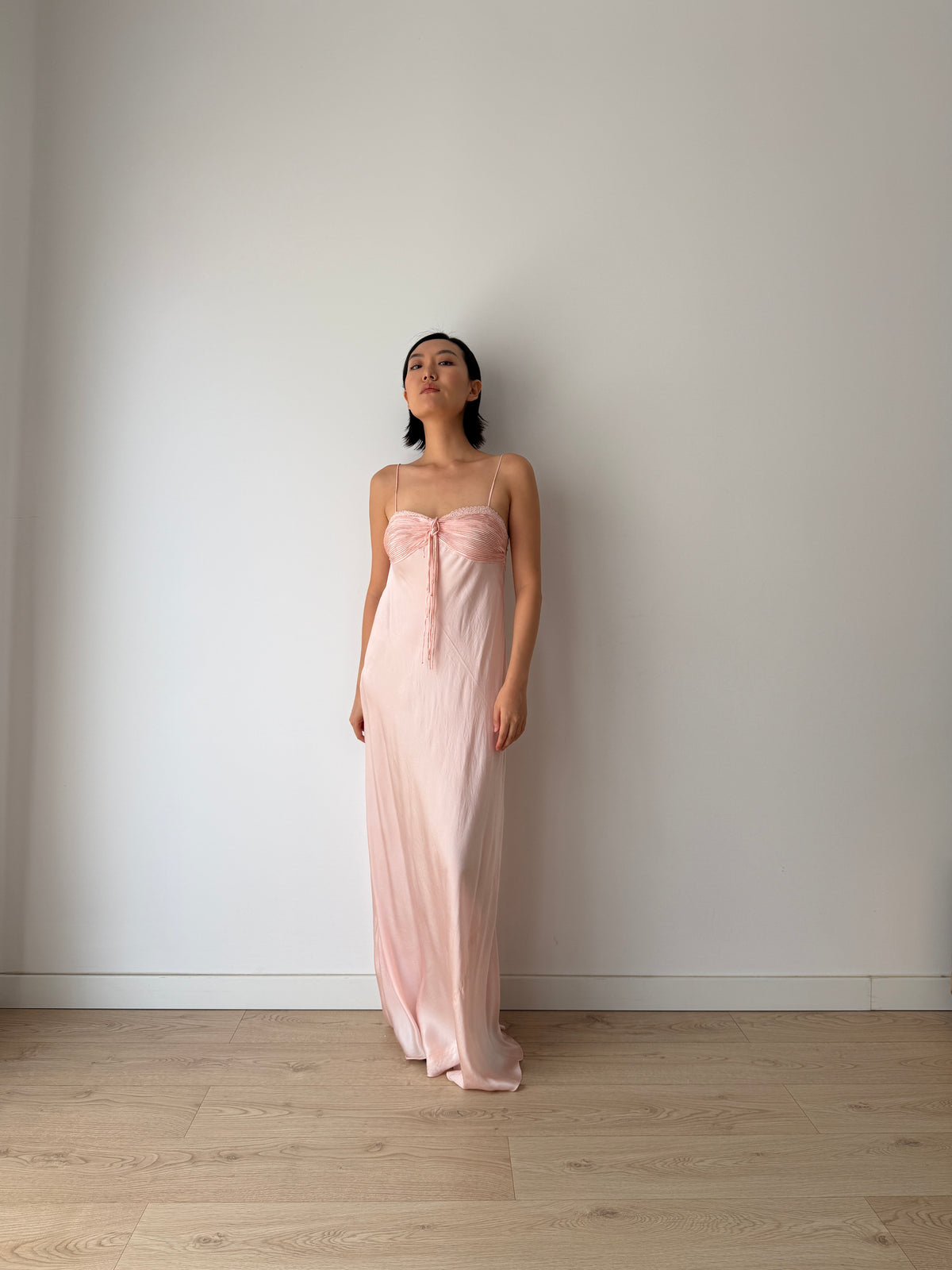 1940s Blush Pink Antique Lace Pure Silk Bias Cut Dress, Ruched Bust Tie Front, Romantic Rare Antique Gown