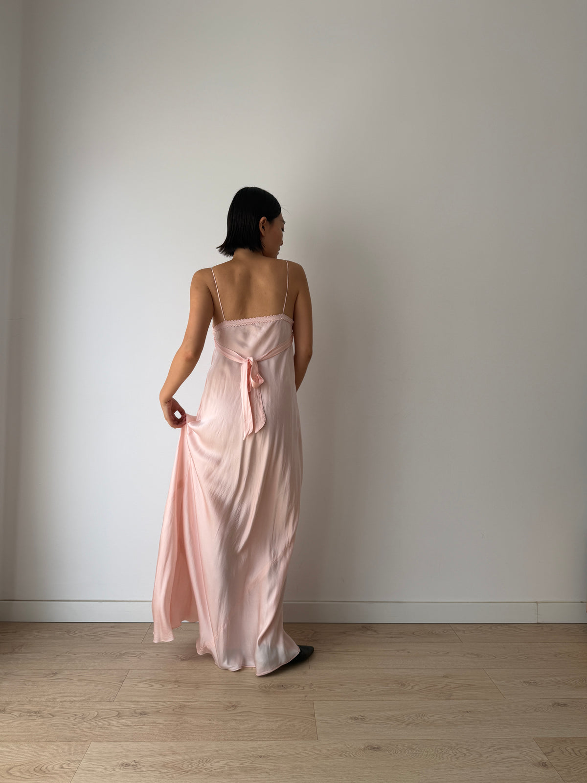 1940s Blush Pink Antique Lace Pure Silk Bias Cut Dress, Ruched Bust Tie Front, Romantic Rare Antique Gown