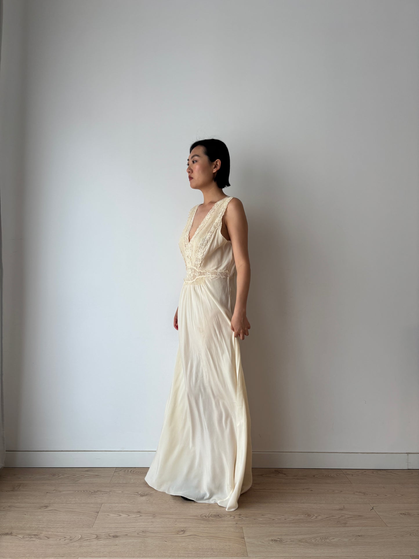 Rare 1930s pure silk bridal lace gown