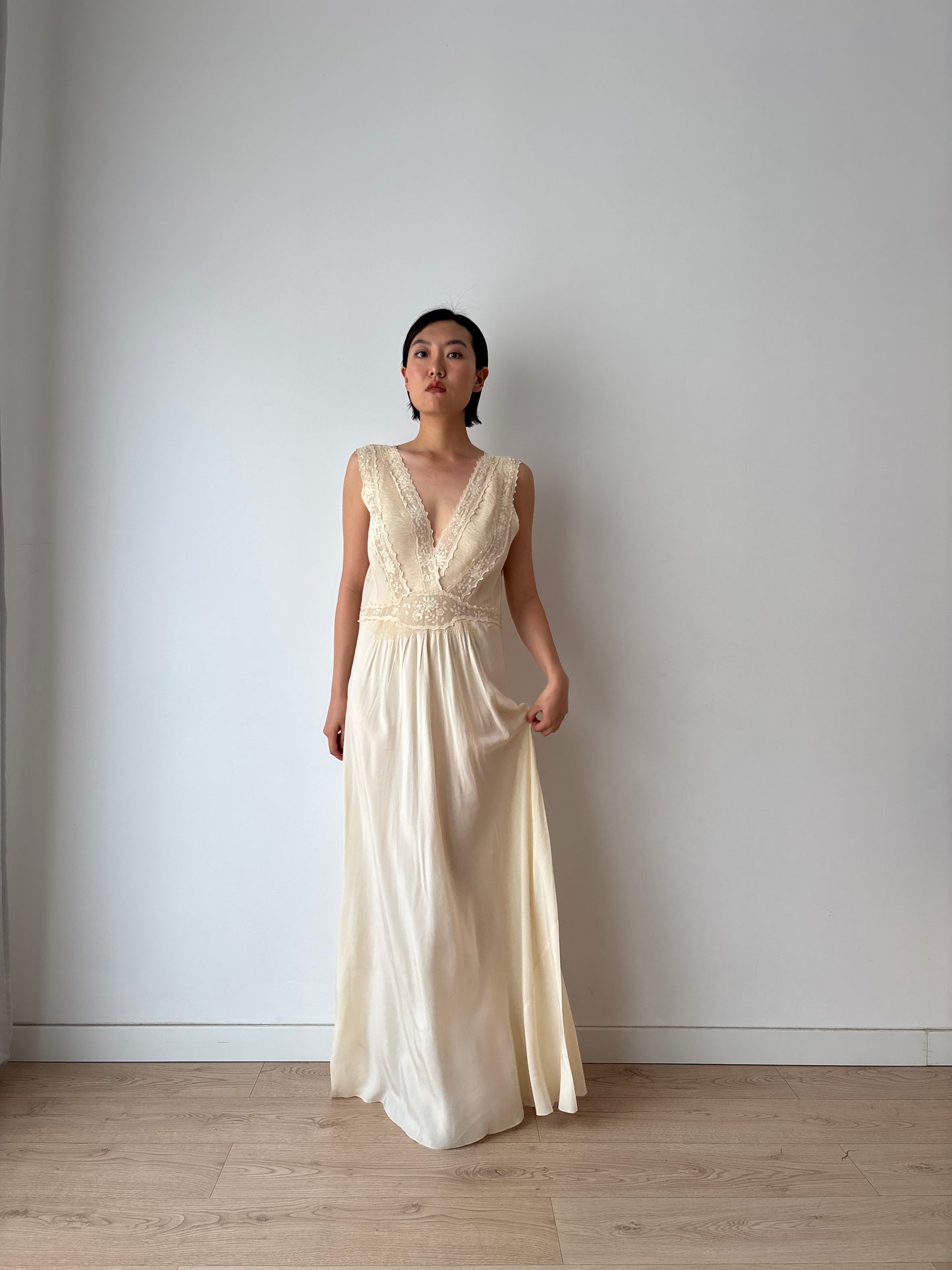 Rare 1930s pure silk bridal lace gown