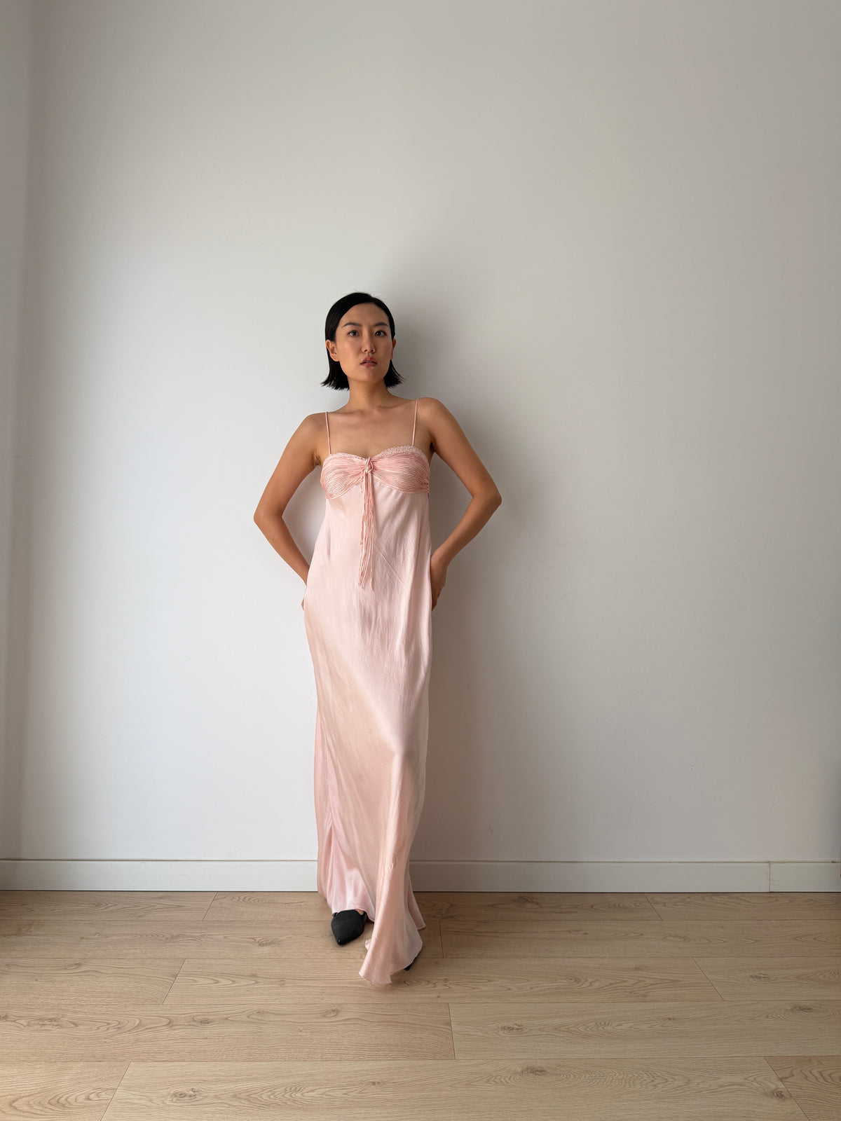 1940s Blush Pink Antique Lace Pure Silk Bias Cut Dress, Ruched Bust Tie Front, Romantic Rare Antique Gown