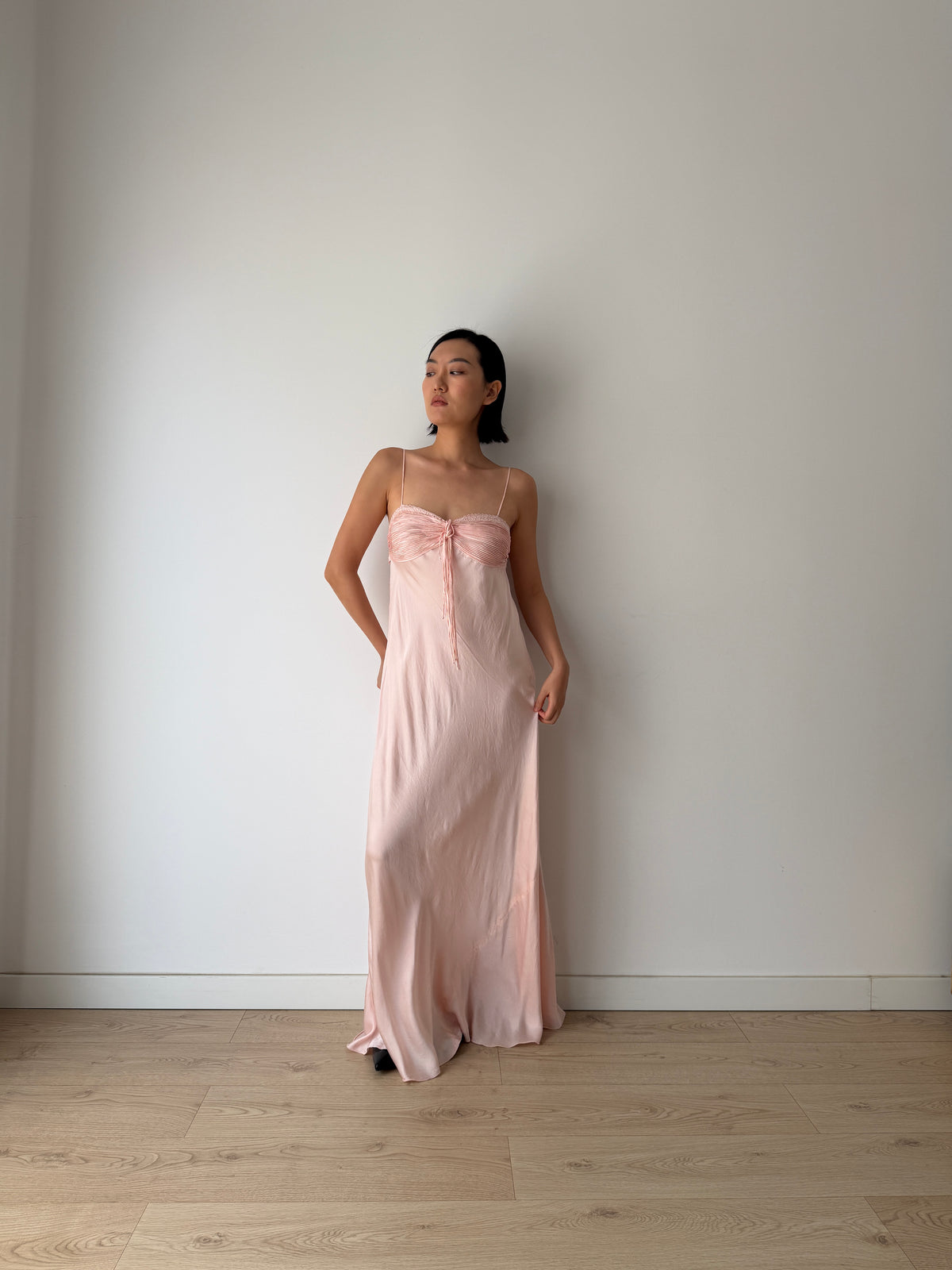 1940s Blush Pink Antique Lace Pure Silk Bias Cut Dress, Ruched Bust Tie Front, Romantic Rare Antique Gown