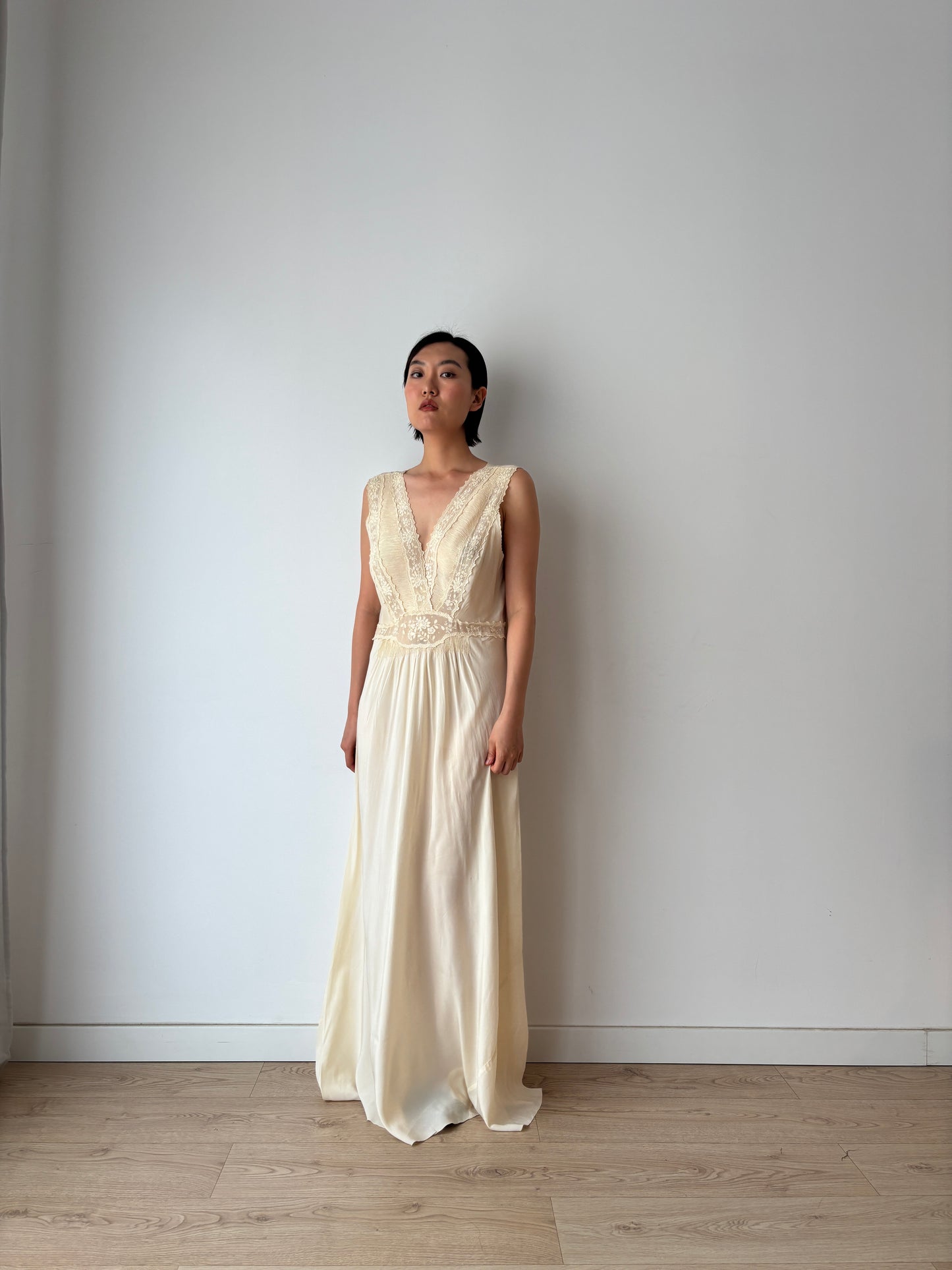 Rare 1930s pure silk bridal lace gown