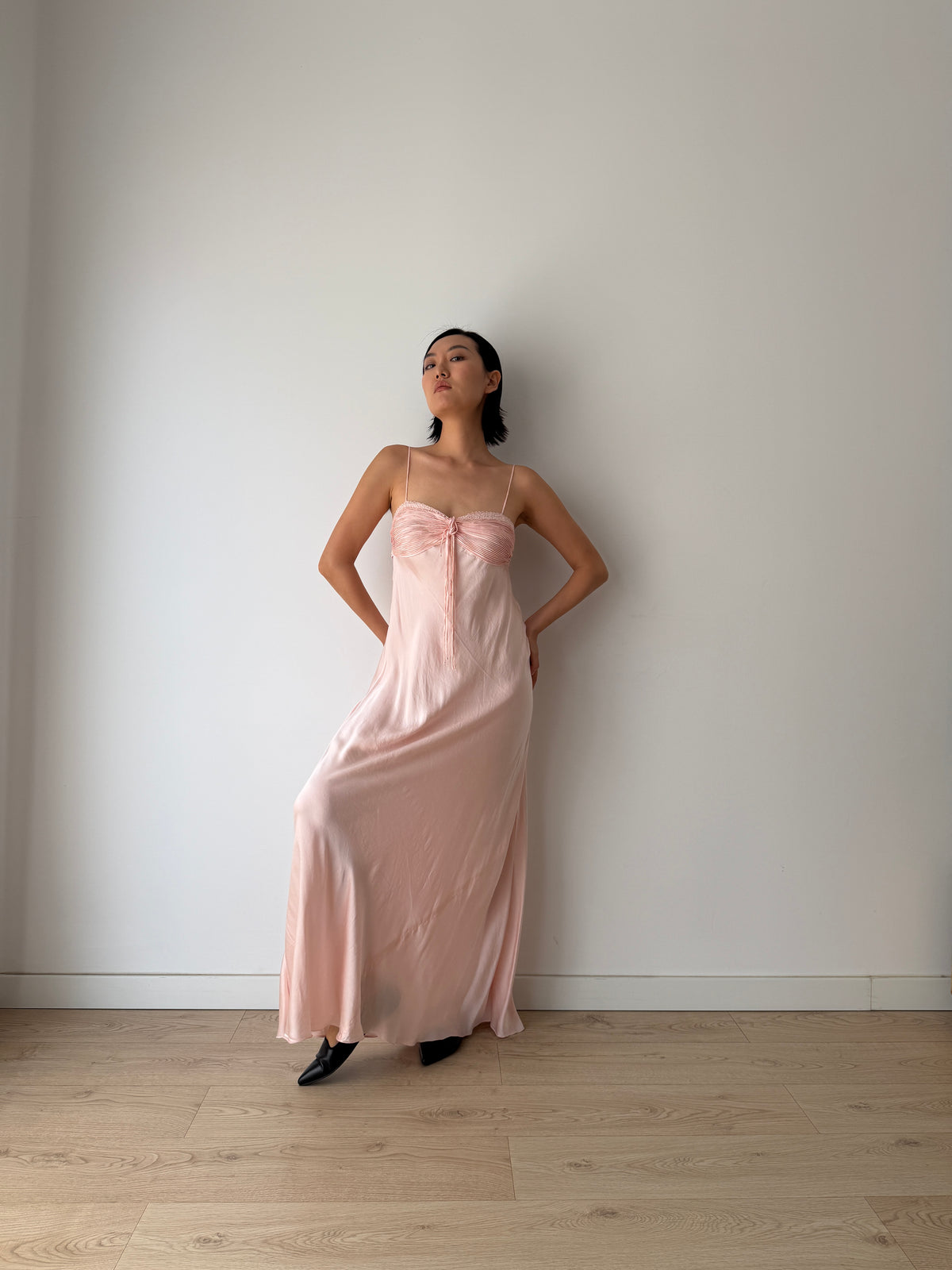 1940s Blush Pink Antique Lace Pure Silk Bias Cut Dress, Ruched Bust Tie Front, Romantic Rare Antique Gown