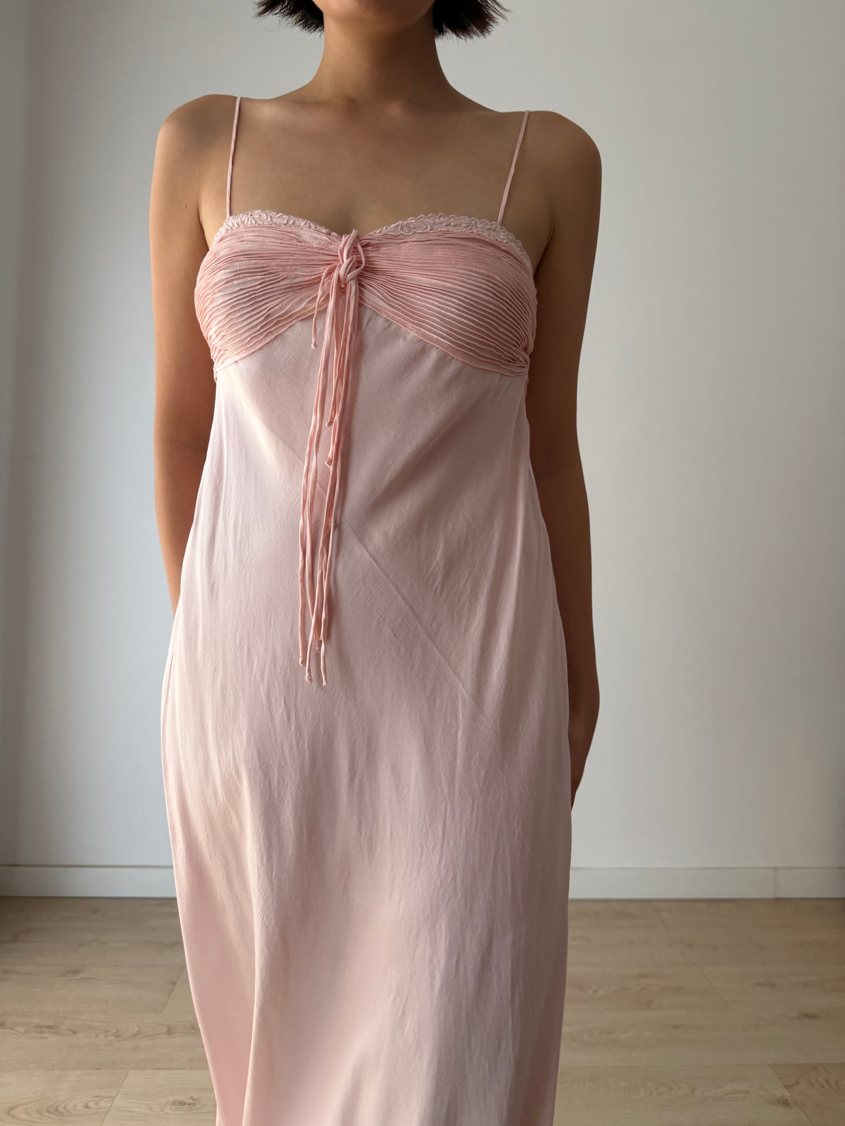 1940s Blush Pink Antique Lace Pure Silk Bias Cut Dress, Ruched Bust Tie Front, Romantic Rare Antique Gown