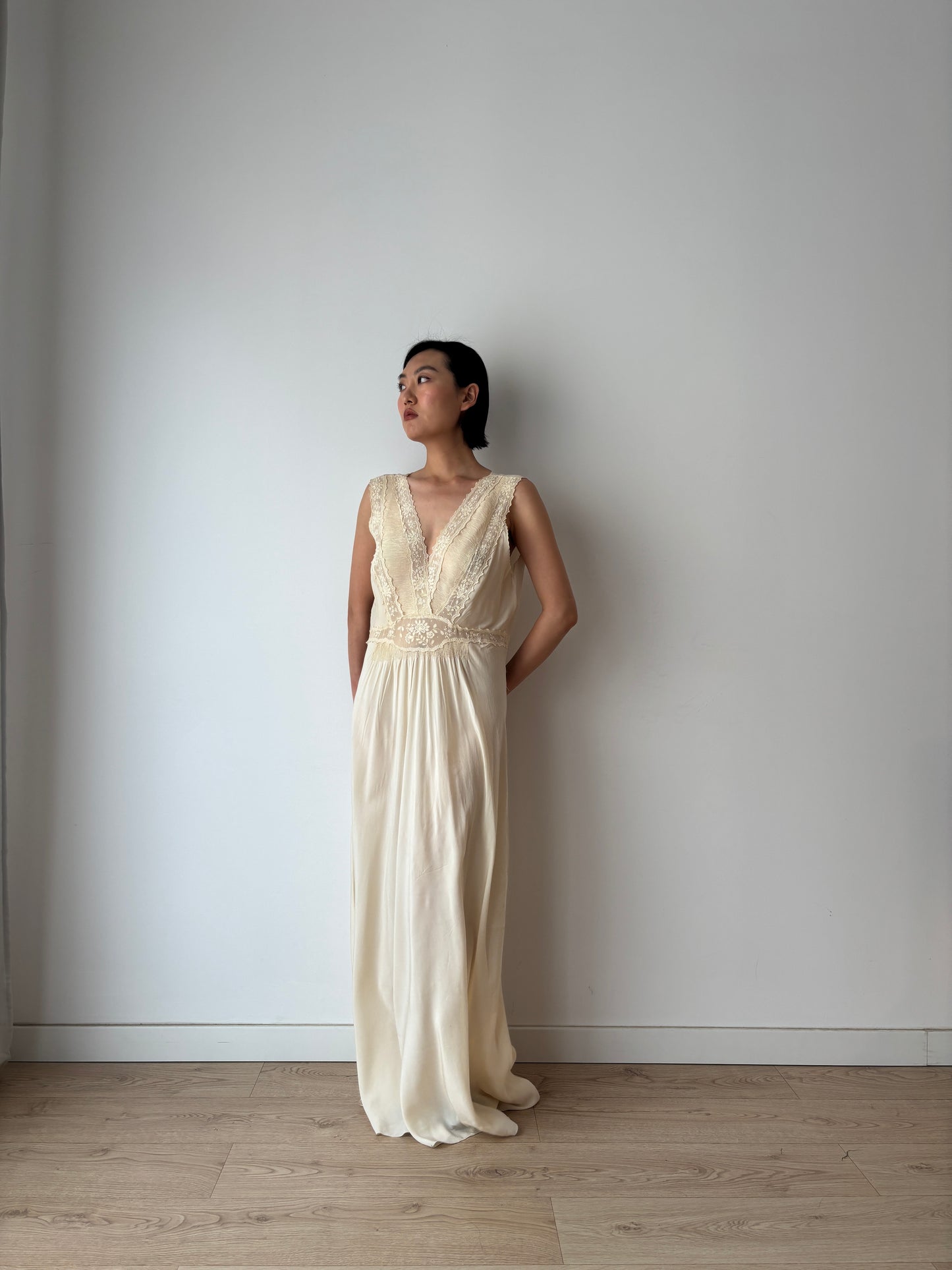 Rare 1930s pure silk bridal lace gown