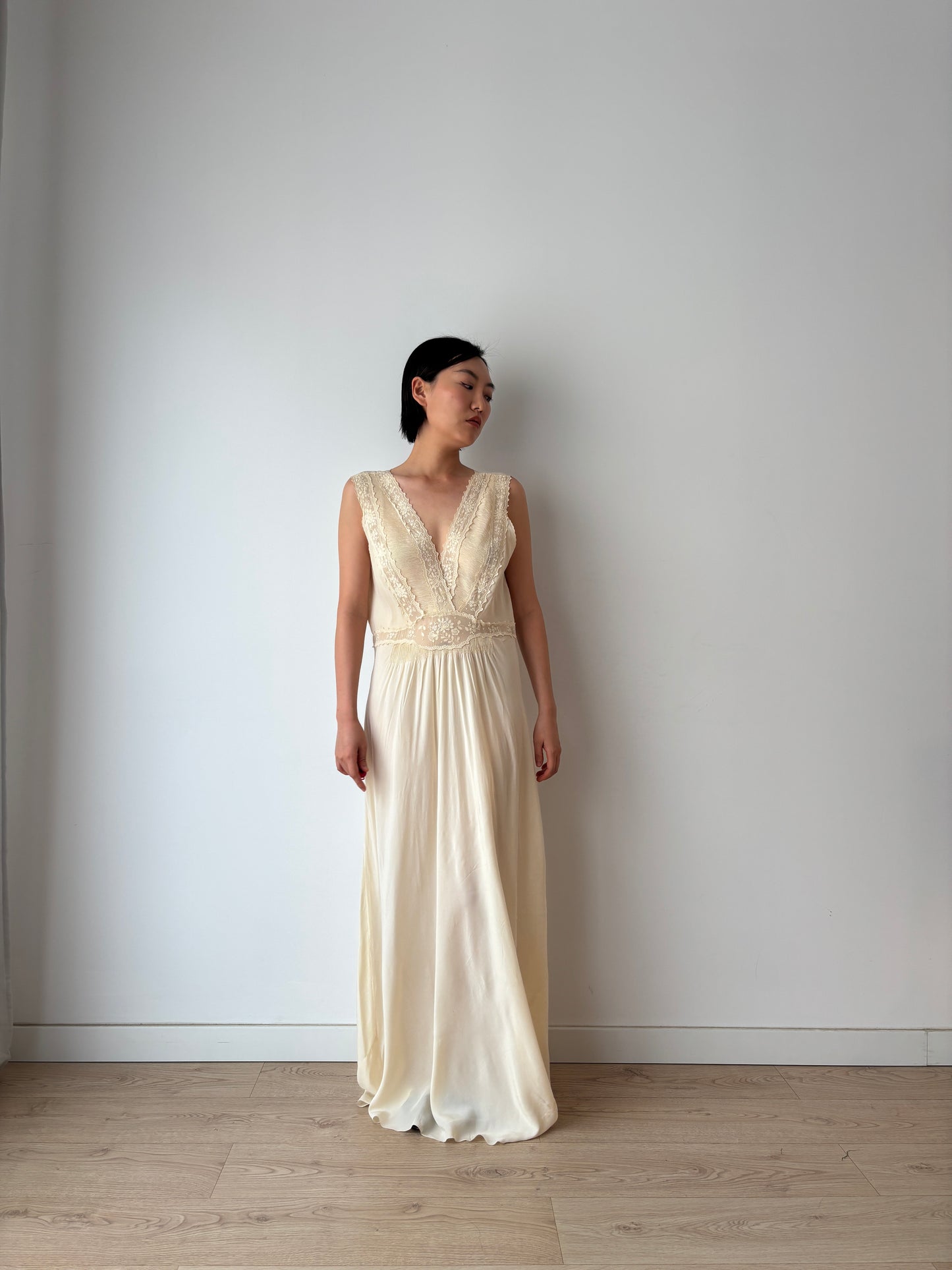 Rare 1930s pure silk bridal lace gown