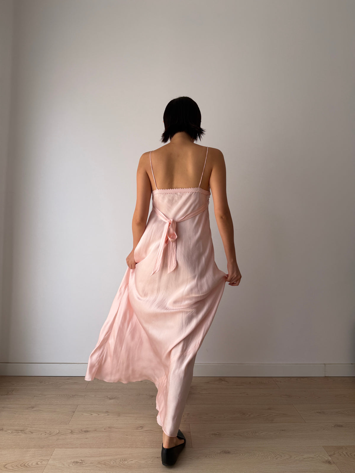 1940s Blush Pink Antique Lace Pure Silk Bias Cut Dress, Ruched Bust Tie Front, Romantic Rare Antique Gown