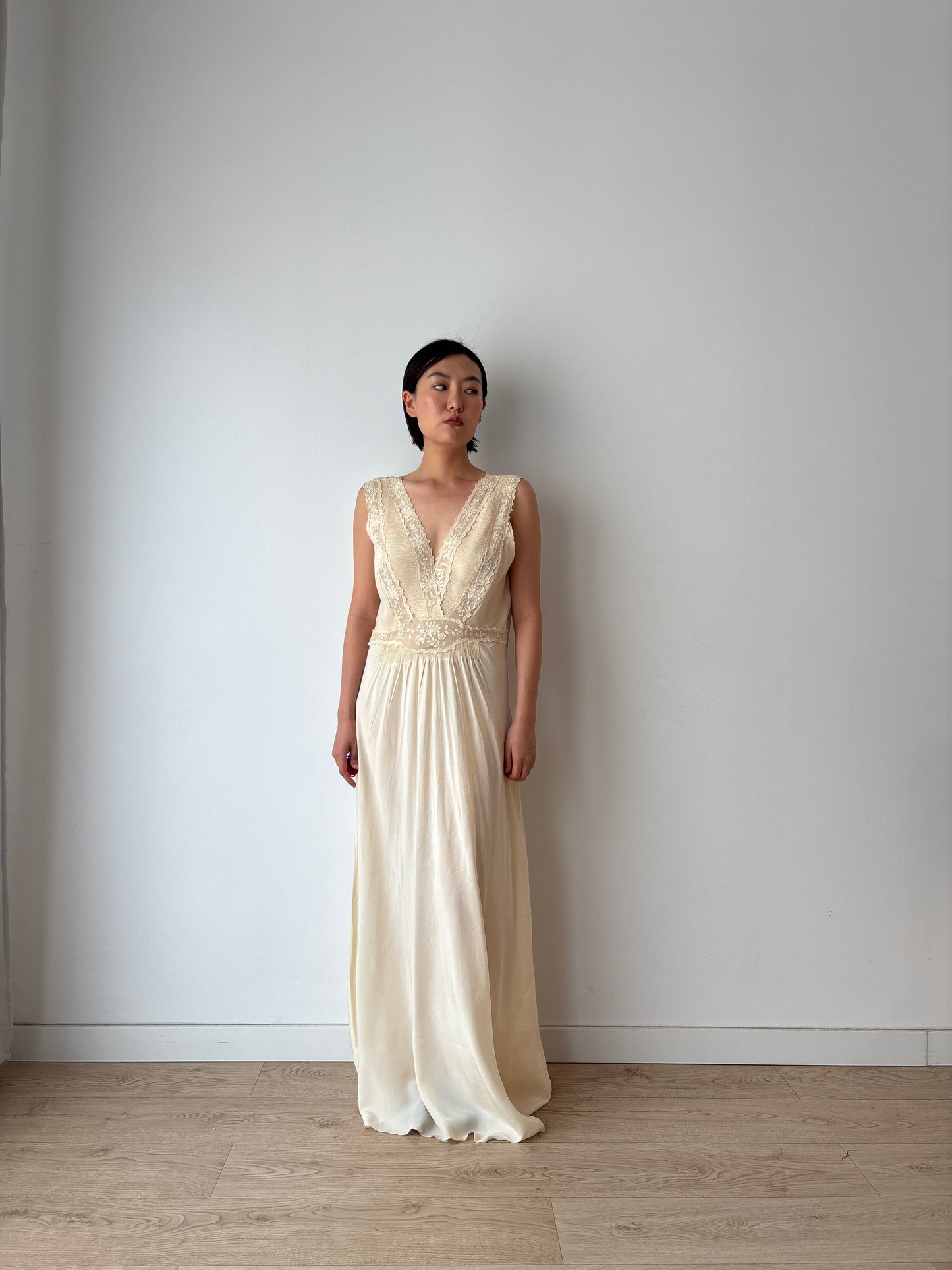 Rare 1930s pure silk bridal lace gown