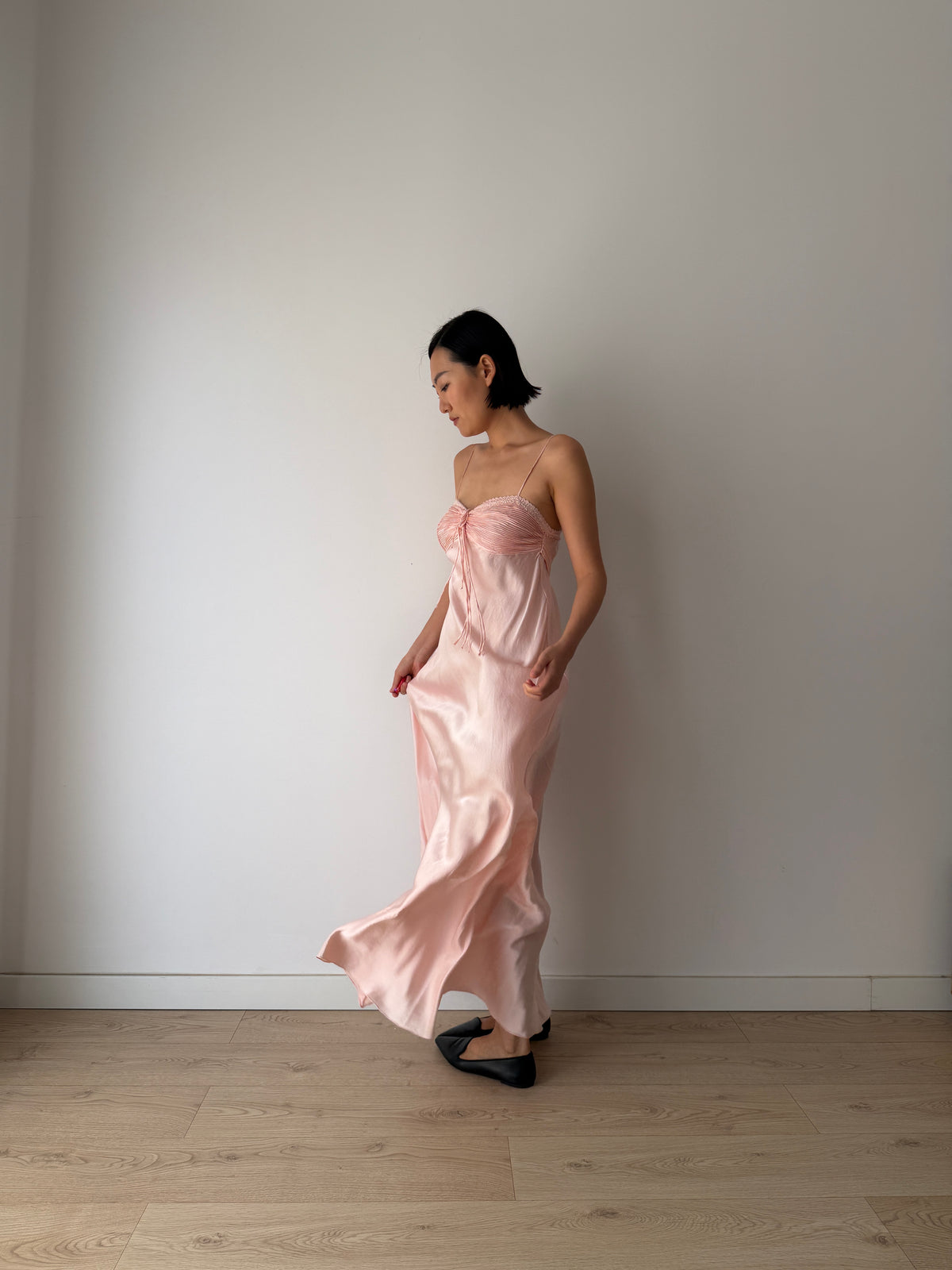1940s Blush Pink Antique Lace Pure Silk Bias Cut Dress, Ruched Bust Tie Front, Romantic Rare Antique Gown